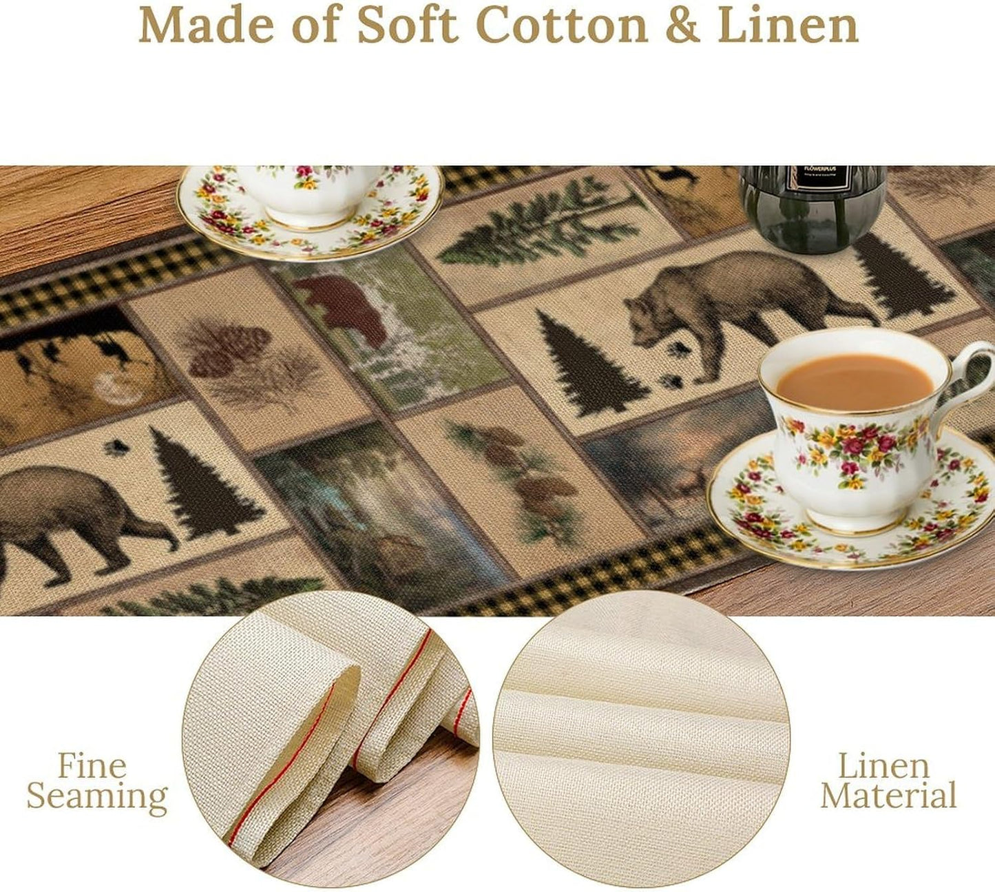 Country Lodge Bear Table Runner, Retro Vintage Bear Cottage Country Style Cabin Farmhouse Dinner Runner for Home Kitchen Dining Table Decoration,13x120 Inch