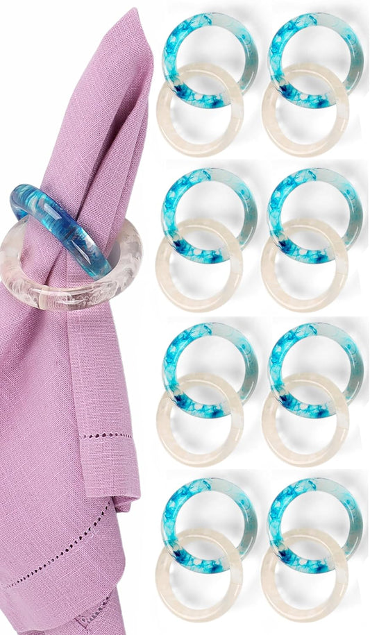 Set of 8 Epoxy Resin Napkin Ring - Interlocked Handmade Farmhouse Table Decor for Dining, Weddings, Holidays - Durable Elegant Napkin Holders for Special Occasion Blue Opaque - CLEENTABLE