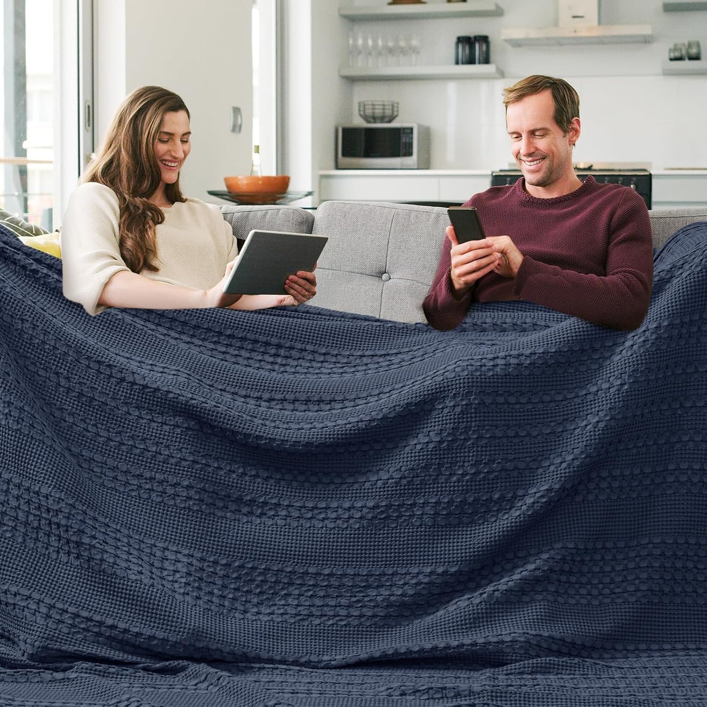 PHF 100% Cotton Waffle Blanket Oversized King 120"x120", Lightweight Breathable Extra Large 10'x10' Blankets for Bed, Giant Big Luxury Aesthetic Woven Bedding for Home Decor, Dark Navy