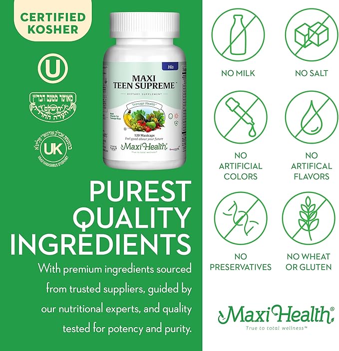 Maxi Health Multivitamin for Him – Boys Vitamins for Ages 12–17 Teen Supreme – Men’s Multivitamin for Energy, Immune Boost, Body & Brain Includes D3, Iron, Calcium, Digestive Enzymes (120 Count)