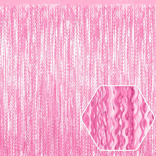 4 Pack Macaron Pink Wave Foil Fringe Curtain Backdrop, 3.28Ft x 8.2Ft Metallic Tinsel Foil Fringe Streamer Curtains for Photo Booth, Mother's Day, Easter, Birthday, Wedding Party Decoration