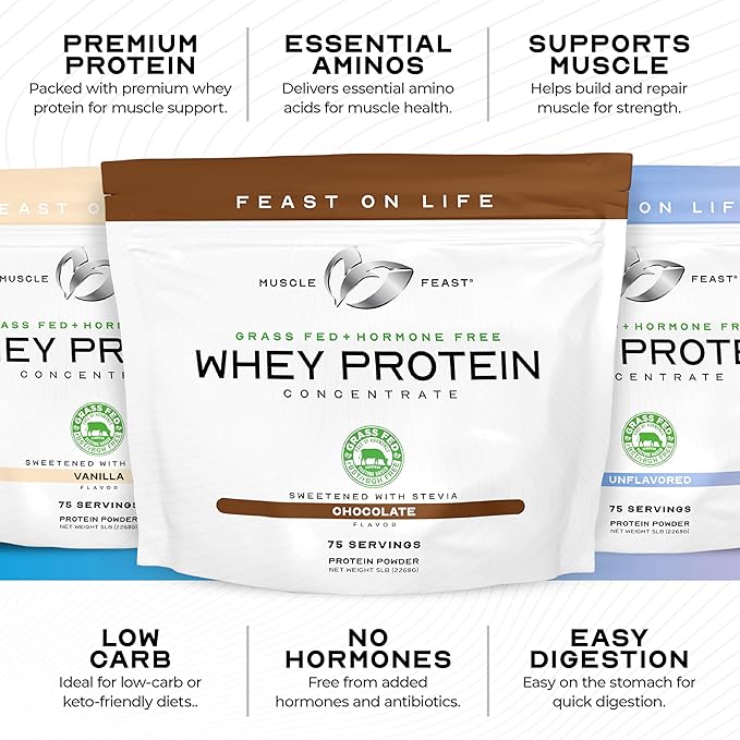 Muscle Feast Grass-Fed Whey Protein Concentrate Powder, All Natural, Hormone Free Pasture Raised Whey Protein Powder for Women & Men, Clean, Non-GMO & Gluten Free Whey Concentrate - Vanilla, 2lb