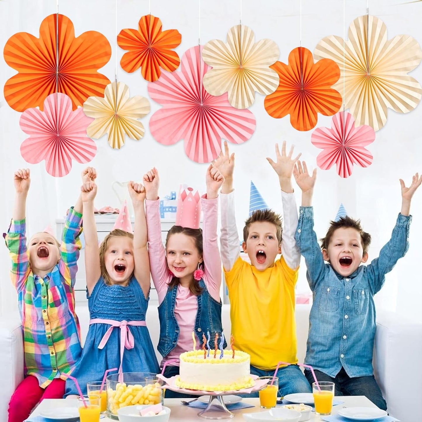 SUNBEAUTY Paper Flowers Decorations for Wall Paper Fans Classroom Decoration Paper Floral Backdrop Decor Paper Fans Decoration Hanging Paper Fans Orange Flower Wall Decor,Set of 9