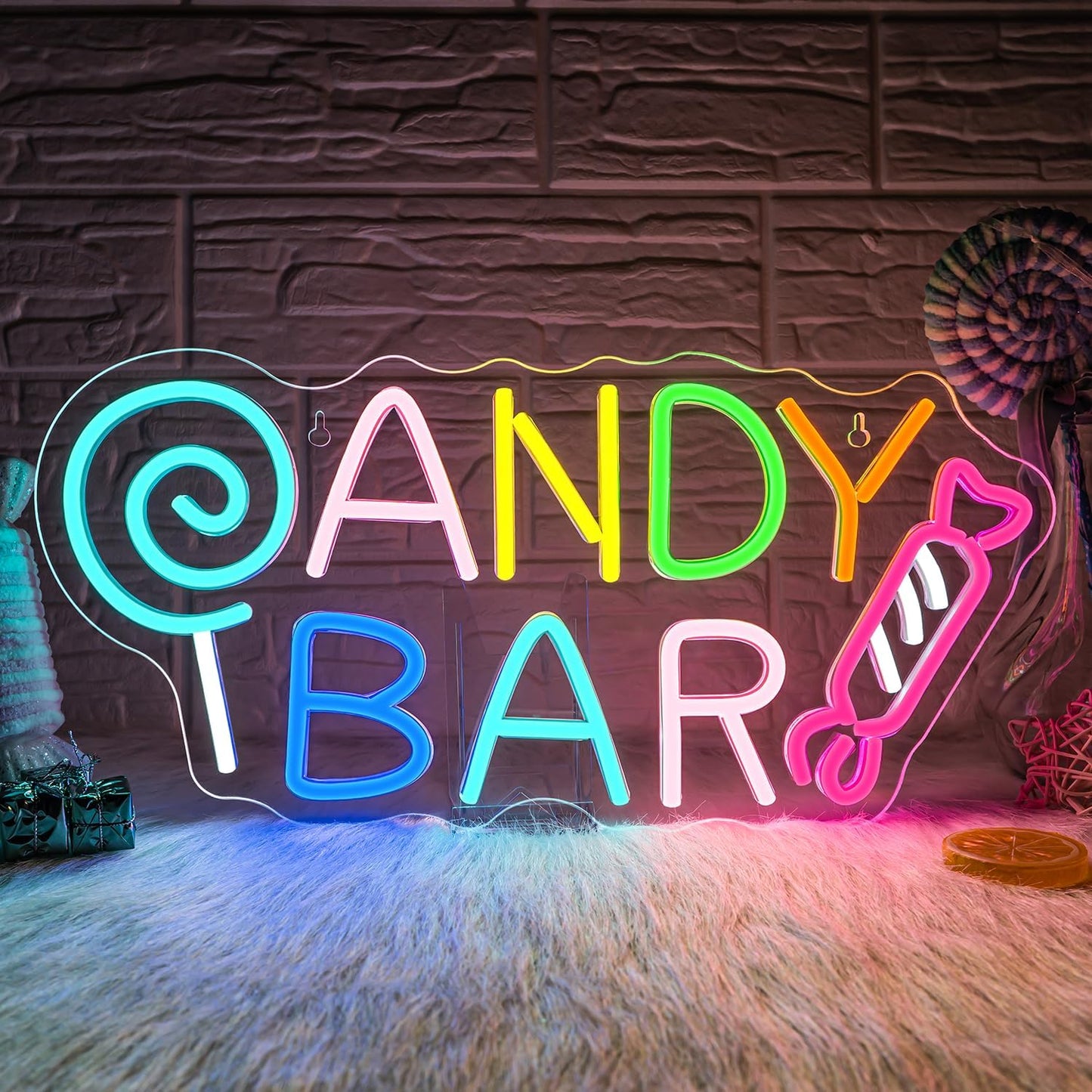 ineonlife Candy Bar Neon Sign Lollipop Neon Signs For Wall Decor Candy Decor Led Lights Birthday Party Teen Bedroom Candy Shop Lollipop Store Halloween Decorations Gifts USB Powered 16.54x7.68in