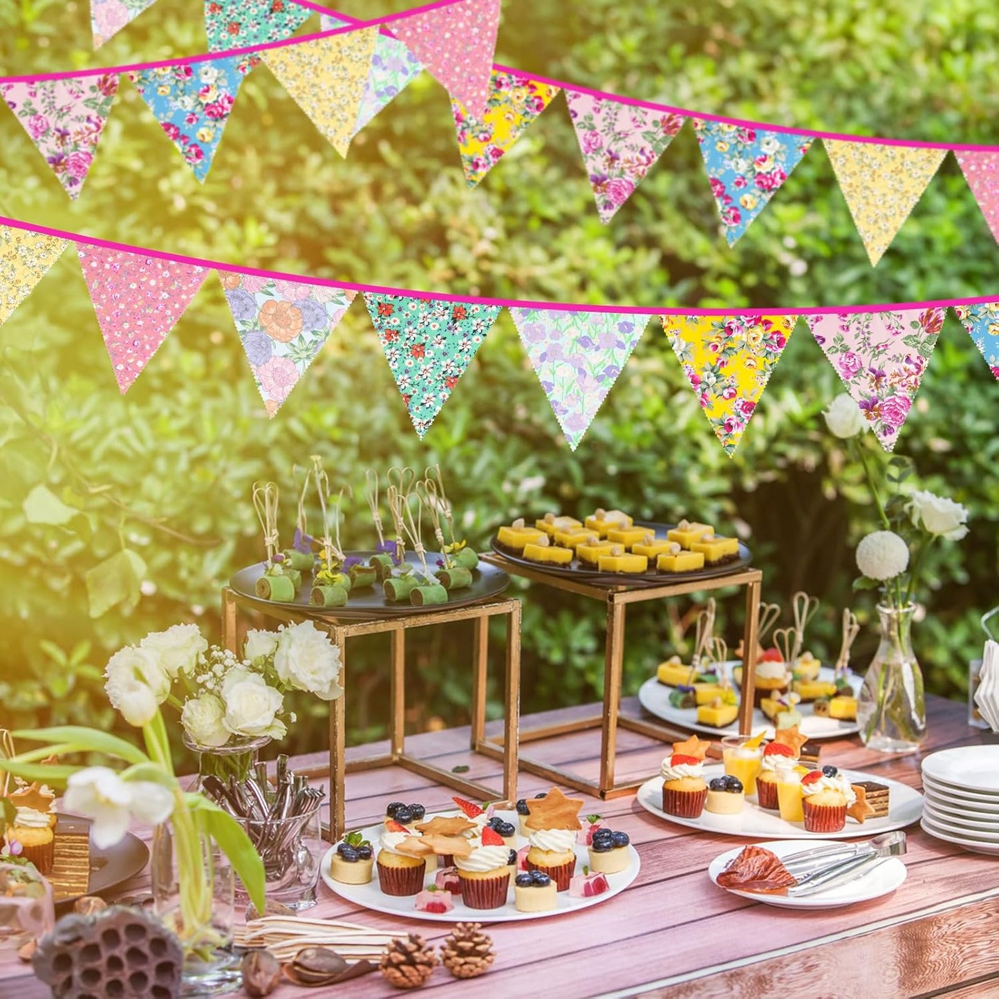 jijAcraft 39Ft Triangle Bunting Banner, 42Pcs Tea Floral Party Bunting Cotton Fabric Flags Pennant Garlands for Birthday Party, Wedding, Baby Shower, Outdoor and Home Decorations (Pink and Grenn)