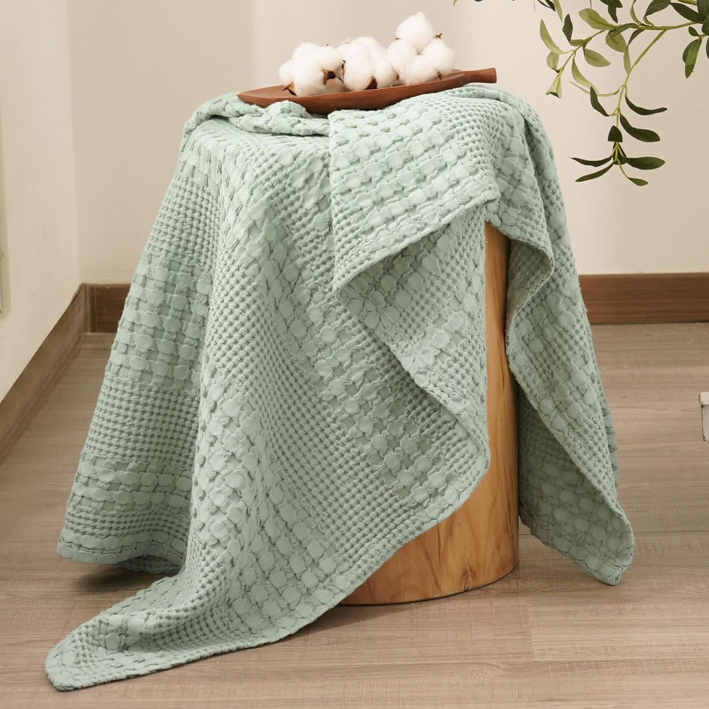 PHF 100% Cotton Waffle Weave Throw Blanket, Soft Lightweight Breathable Cozy Throws for Couch Bed Sofa, Luxury Aesthetic Woven Blanket for Home Decor & Office, 50"x60", Sage Green