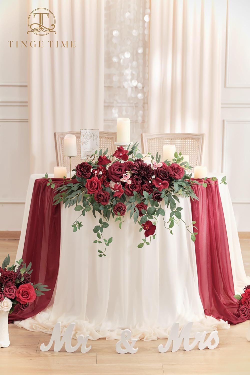 TINGE TIME Artificial Sweetheart Flower Swag with Tablecloth and Table Runner, Pack of 3 Floral Arrangement for Wedding Sweetheart Table Centerpiece Decoration (Burgundy Red)
