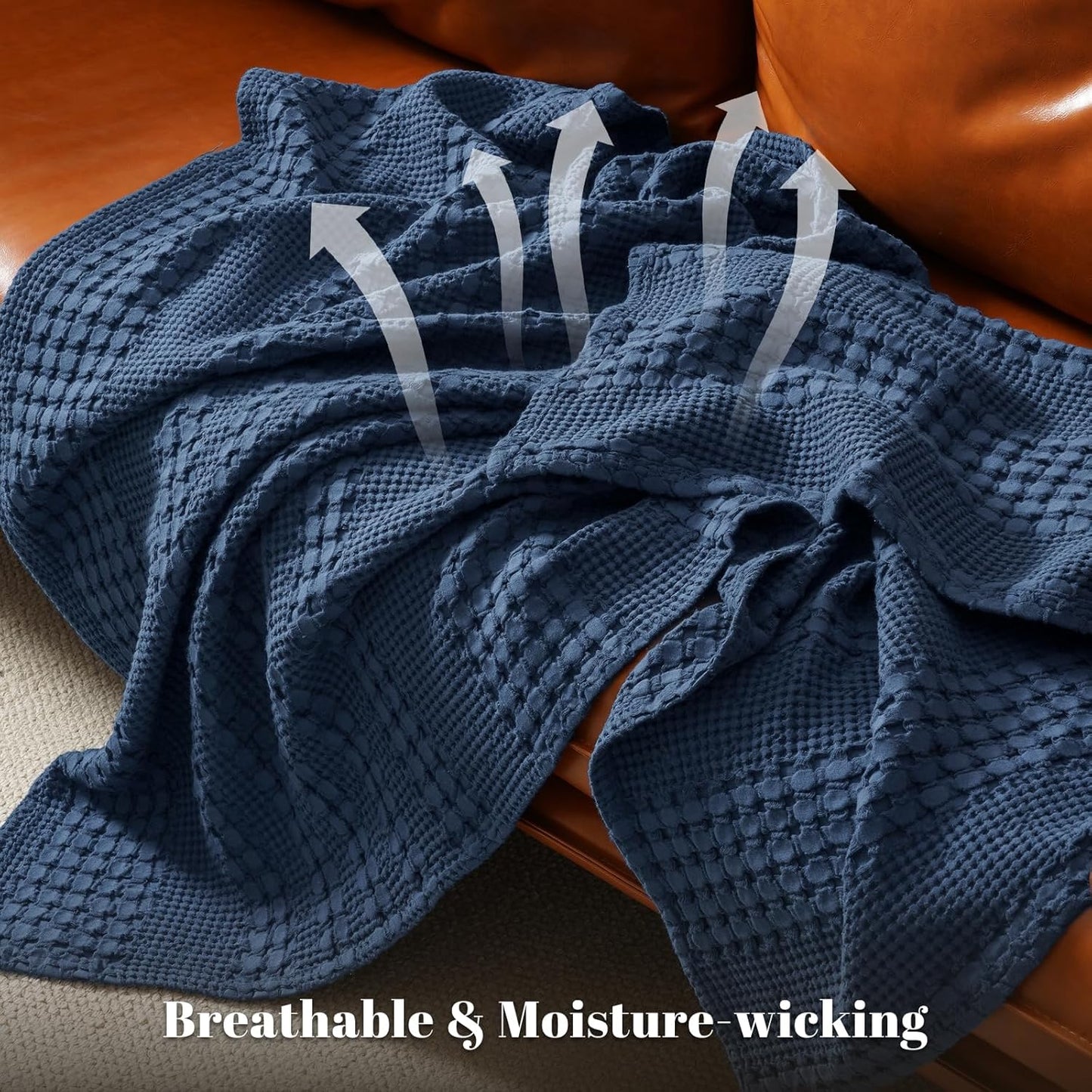 PHF 100% Cotton Waffle Weave Throw Blanket, Soft Lightweight Breathable Cozy Throws for Couch Bed Sofa, Luxury Aesthetic Woven Blanket for Home Decor & Office, 50"x60", Bright Navy