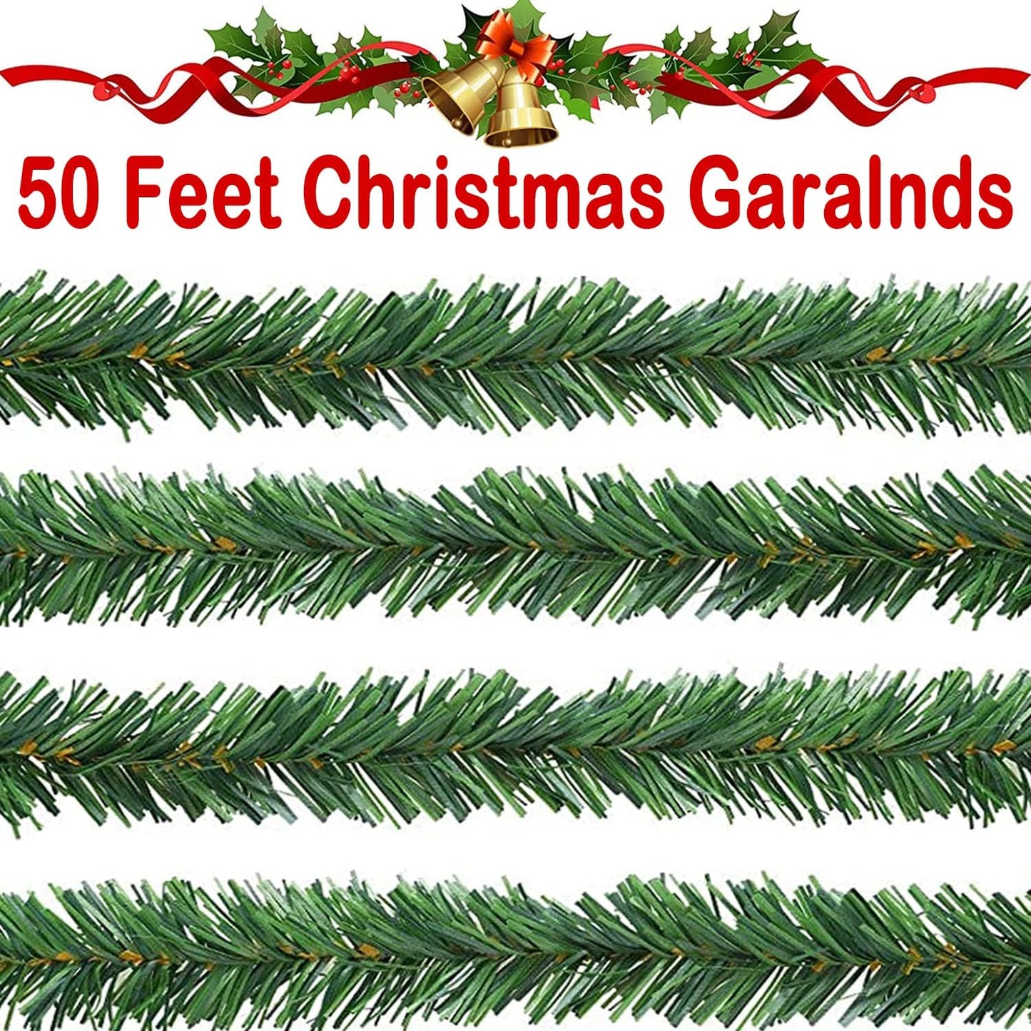 Jishi 50 FT Garland for Christmas Decorations - Non-Lit Green Soft Xmas Holiday Decor Outdoor Indoor Home Garden Artificial Greenery, Wedding Party Outside Decorations - 50Ft Long Plain Green Garland