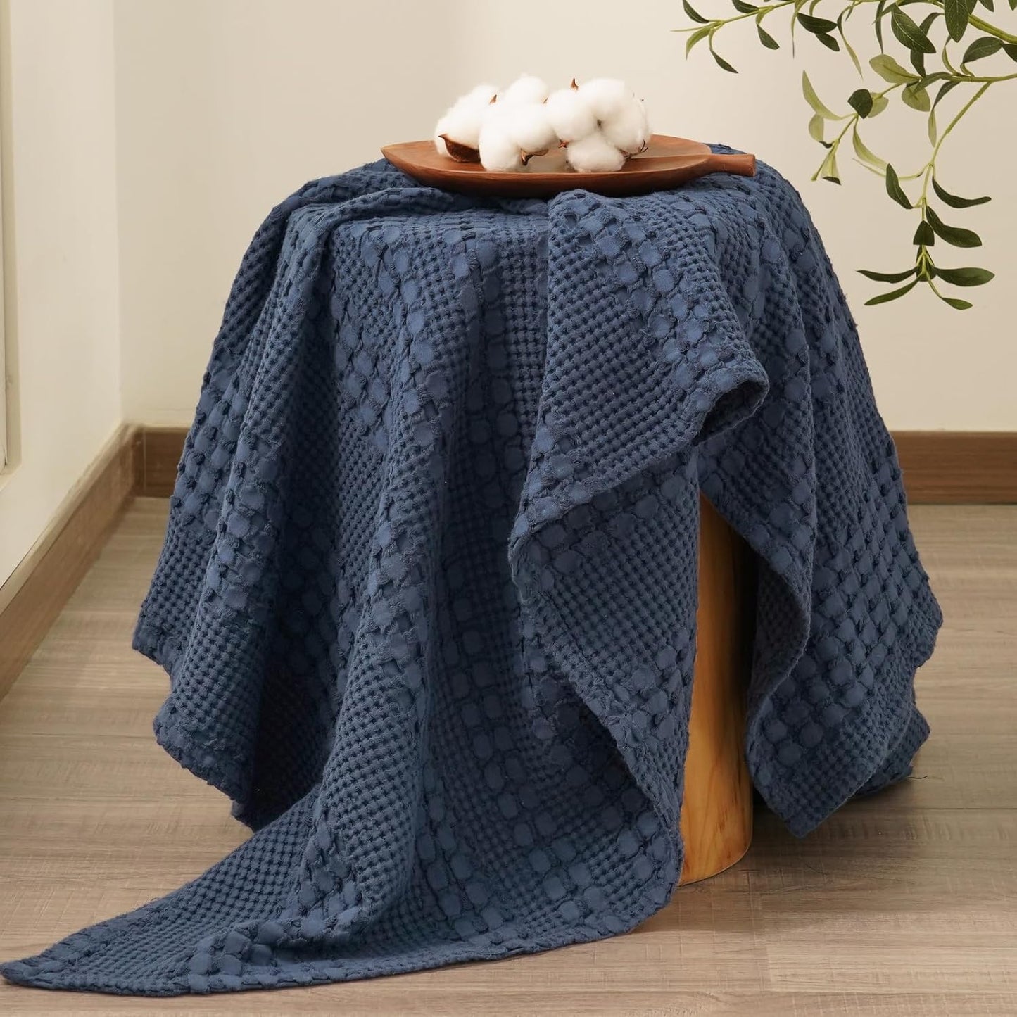 PHF 100% Cotton Waffle Weave Throw Blanket, Soft Lightweight Breathable Cozy Throws for Couch Bed Sofa, Luxury Aesthetic Woven Blanket for Home Decor & Office, 50"x60", Dark Navy