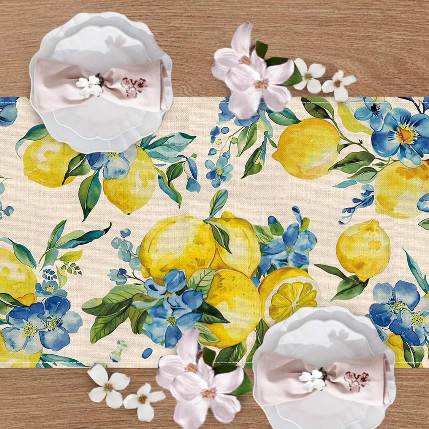 Lemon Blue Flower Dining Table Runner, Spring Summer Fruit Floral Burlap Kitchen Decoration, Seasonal Indoor Outdoor Home Decor Party Supply 13 x 72 Inches