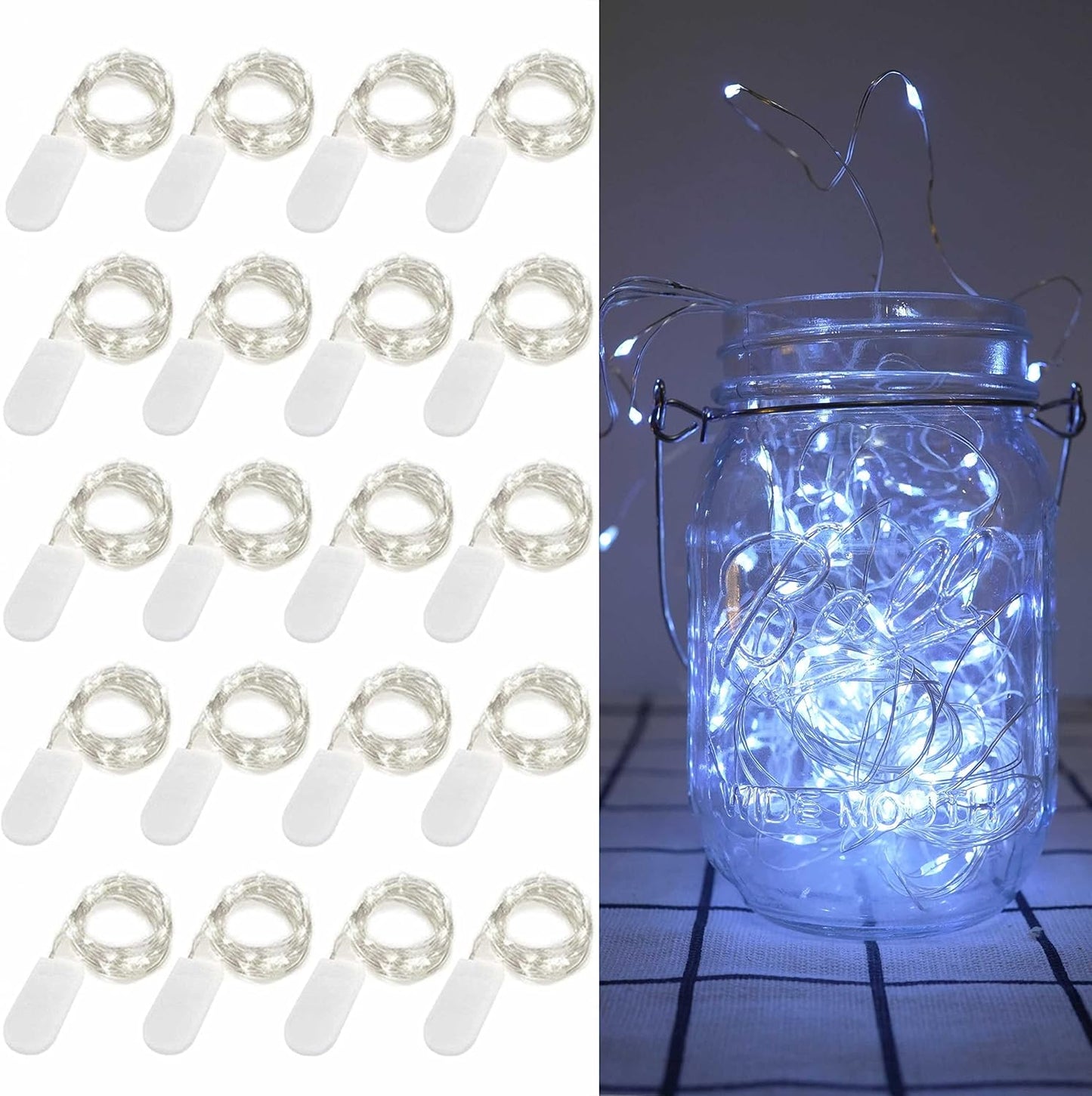 20 Pack Fairy Lights Battery Operated, 6.6ft 20 LED Mason Jar Lights Silver Wire Waterproof Firefly Mini Led String Lights for Table Party Wedding Centerpiece DIY Crafts Christmas Decor