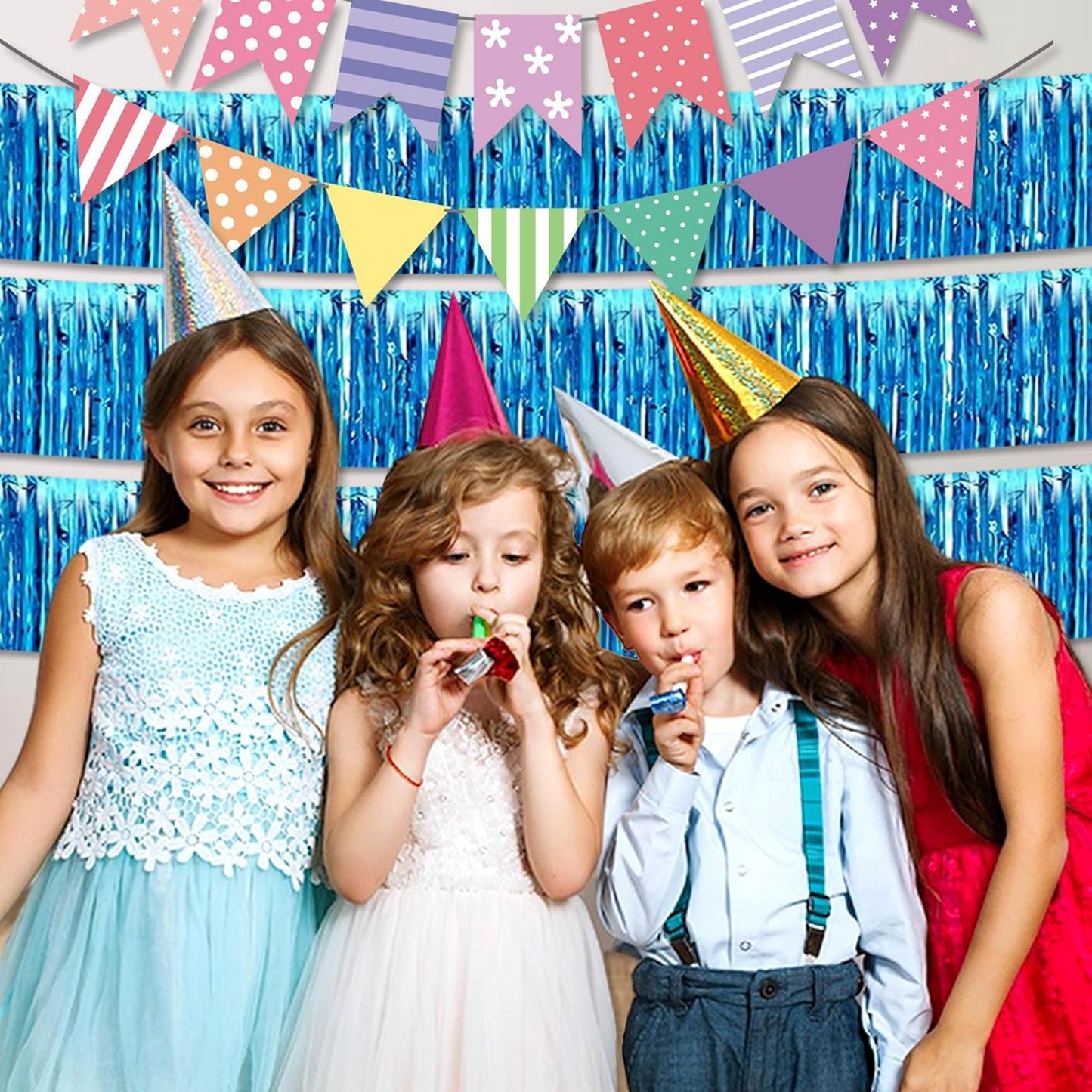 4 Pack 10 Ft Lake Blue Foil Fringe Garland Metallic Streamers Tinsel Banner Wall Hanging Garland Backdrop for Parade Floats, Halloween, Christmas, Thanksgiving, New Year Party Decorations