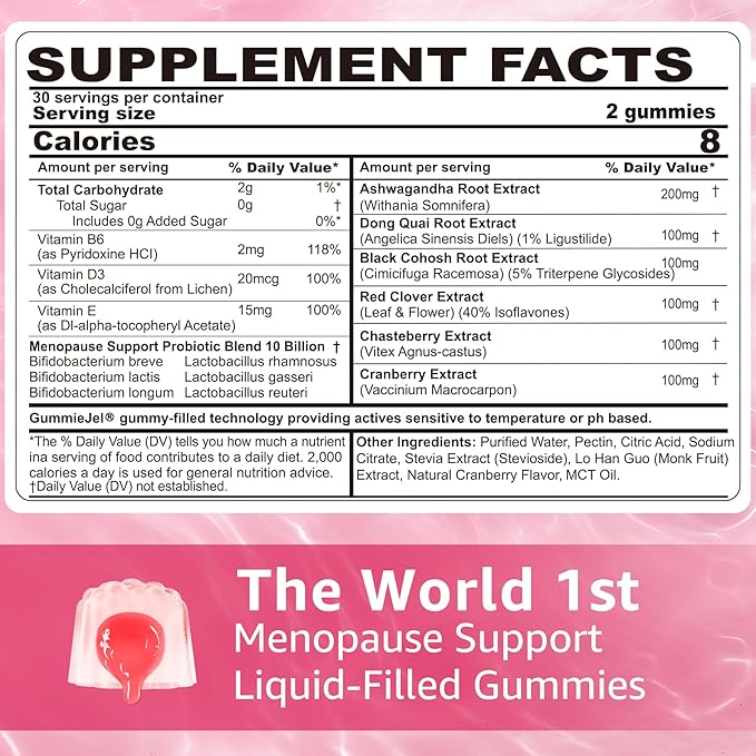 Menopause Probiotics Filled Gummies for Women, Sugar Free Menopause Supplement Gummy with Ashwagandha, Dong Quai & Black Cohosh for Hot Flashes, Night Sweats, Mood Swings, Gut Health - Vegan, 120Cts