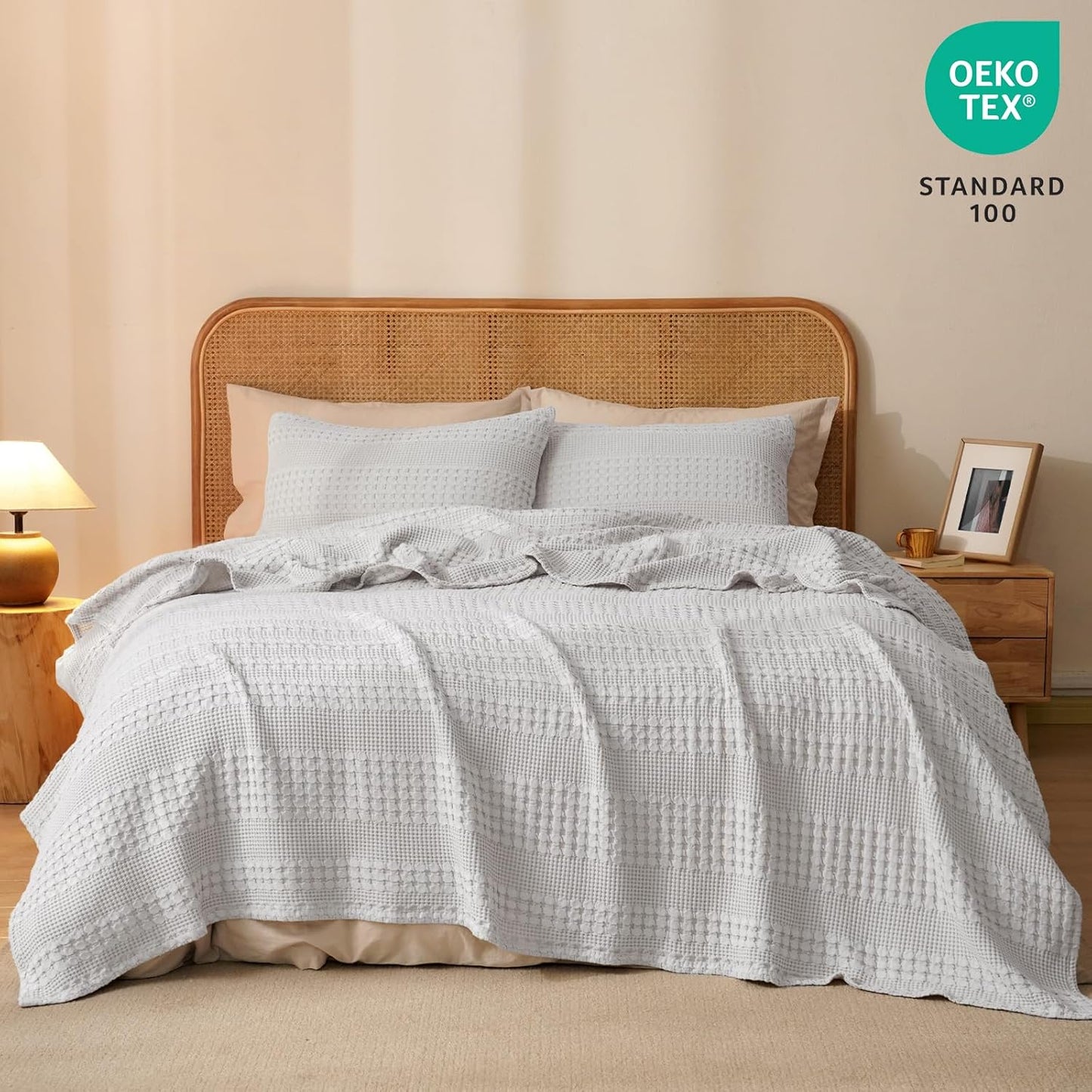 PHF 100% Cotton Waffle Weave Blanket Twin Size for Bed, Soft Lightweight & Breathable, All-Season Comfort, Luxury Aesthetic Woven Bedding for Home Decor, 66"x90", Light Grey