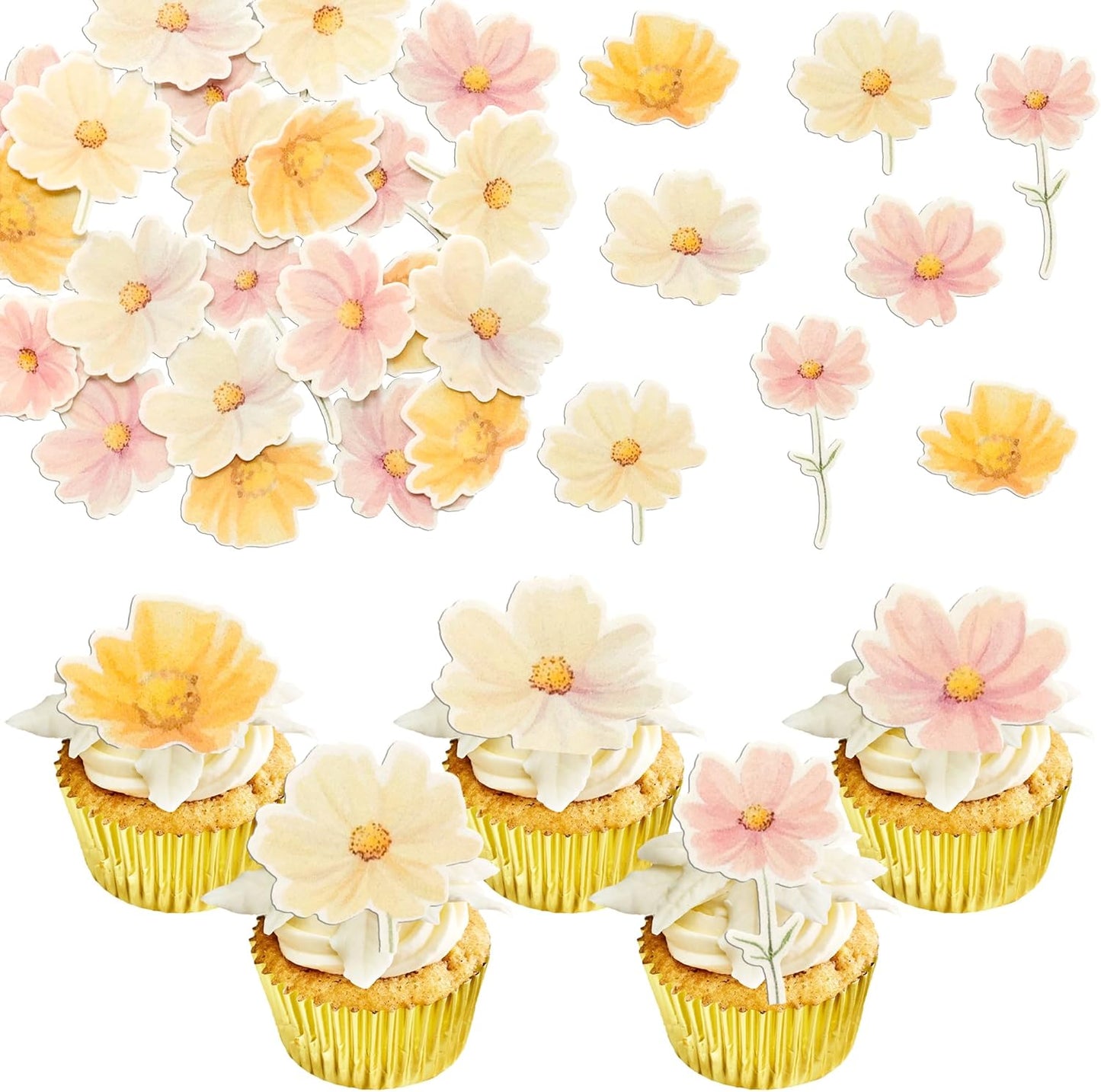 Ephlyn 50Pcs Edible Flower Cupcake Toppers Wafer Paper Spring Bridal Engagement Baby Shower Birthday Party Cupcake Picks Anniversary Party Decorations Supplies Multi