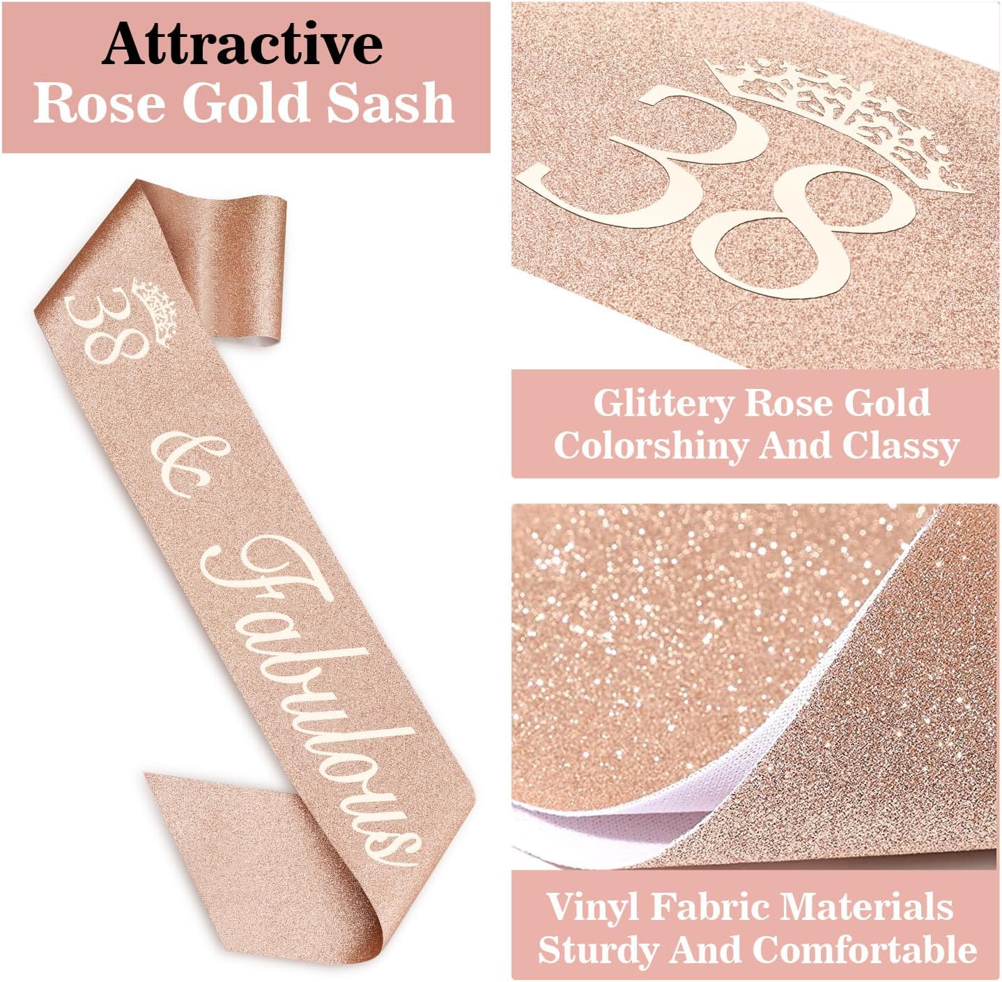 38th Birthday Decorations for Women Including Birthday Sash, Tiara/Crown, Numeral Candles and Cake Topper, 38 Year Old Gifts for Women, Rose Gold Party Decor Supplies
