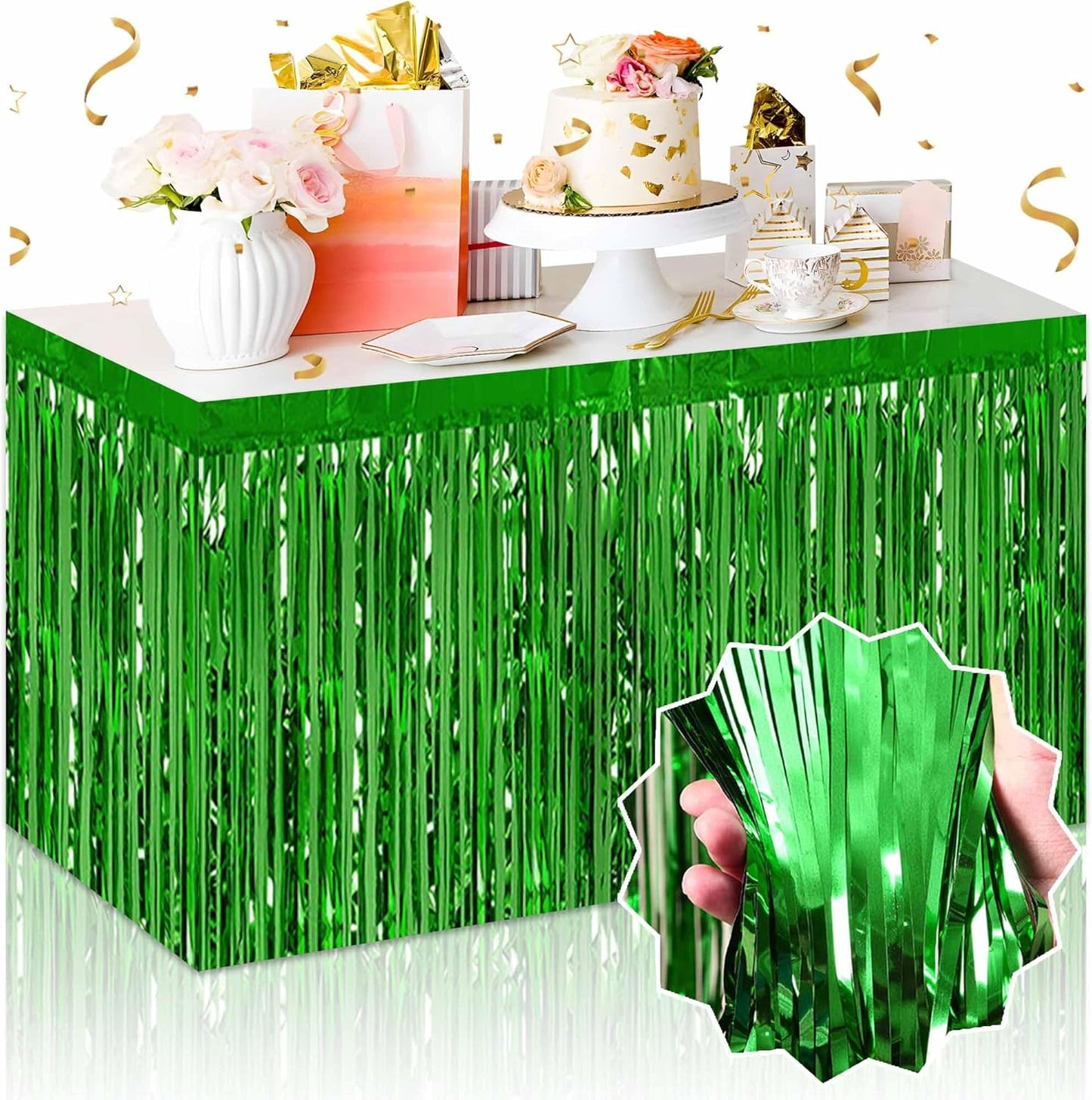3 Pack 29 x108 Inch Green Foil Fringe Table Skirts Metallic Banner for Tinsel Streamer Garland Backdrop for Parade Floats Mother's Day, Graduate, Birthday, Wedding Party Decoration