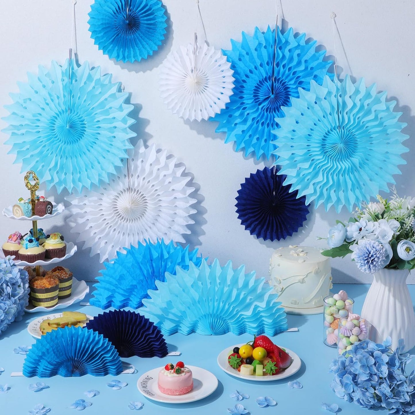 Outus 12 Pcs Hanging Honeycomb Paper Fans Sets, Fiesta Blue and White Party Decorations, Tissue Paper Flowers Supplies for Birthday Wall Classroom Wedding Bridal Photo Backdrop (8/14 Inch)