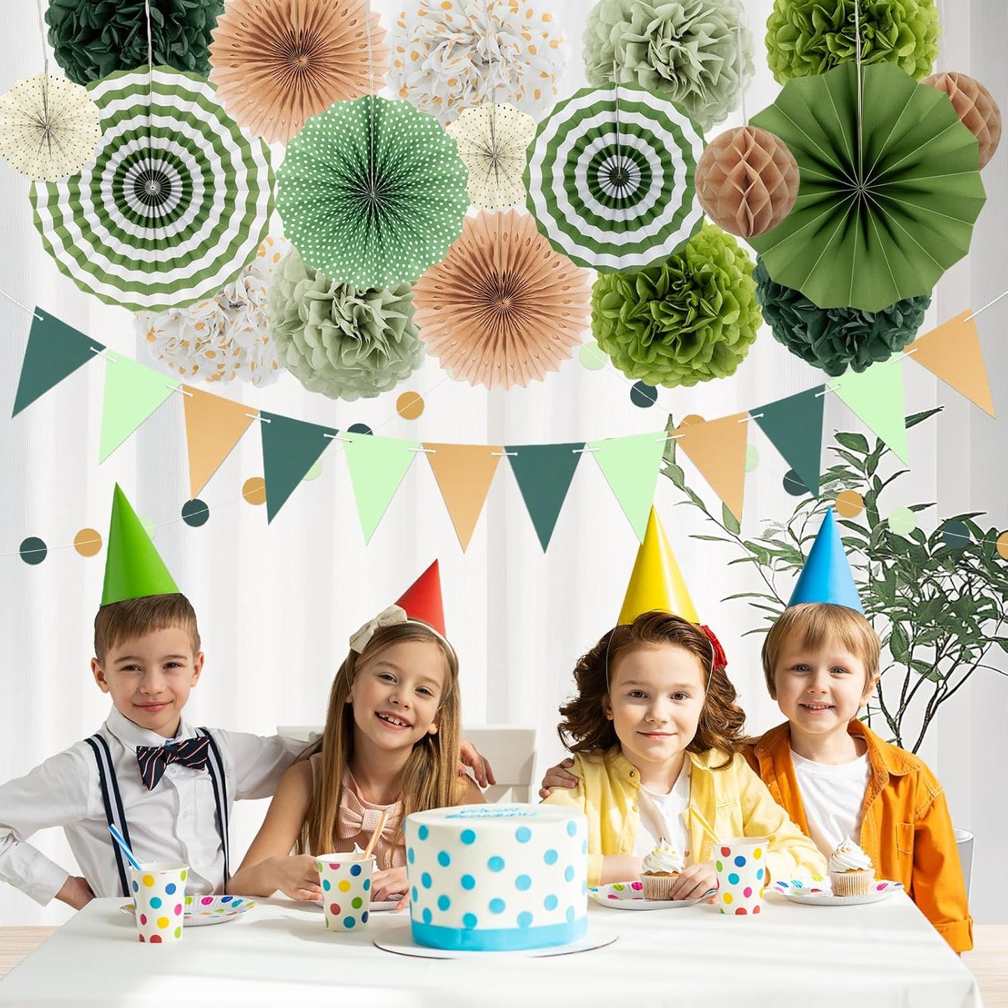 Green Party Decorations - 23Pcs Hanging Paper Fans,Pom Poms Flowers,Garland String Polka Dot and Triangle Bunting Flag Packs for Girls Women Birthday Party Baby Shower Wedding Shower Decor
