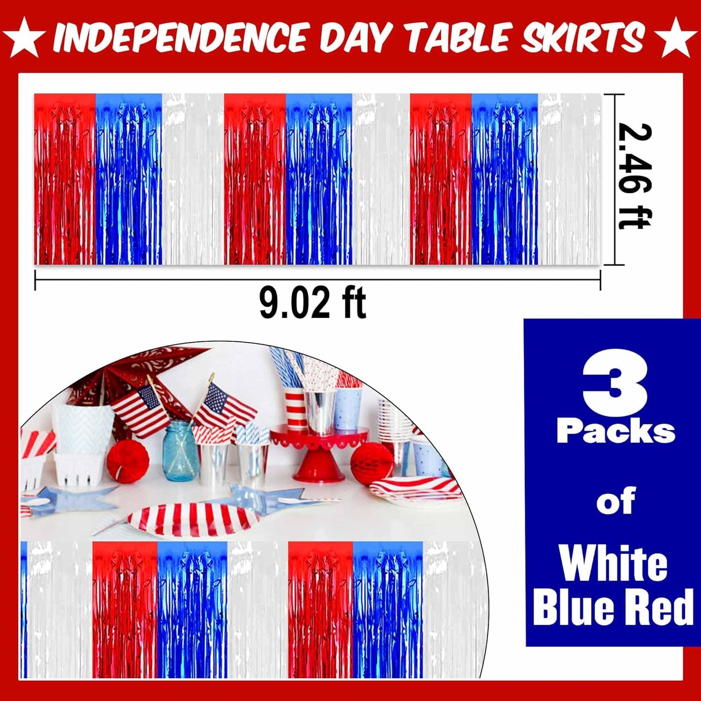 3 Pack 29 x108 Inch White Blue Red Foil Fringe Table Skirts Metallic Banner for Tinsel Streamer Garland Backdrop for Parade Floats Mother's Day, Graduate, Birthday, Wedding Party Decoration