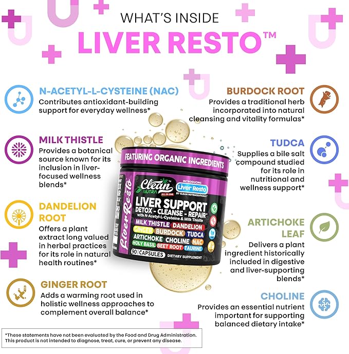 Clean Nutra Liver Cleanse Detox & Repair Supplement Milk Thistle, NAC, TUDCA, Dandelion Root, Artichoke, Choline, Ginger, Beet Root, Burdock, Taurine, Liver Resto 90 Capsules