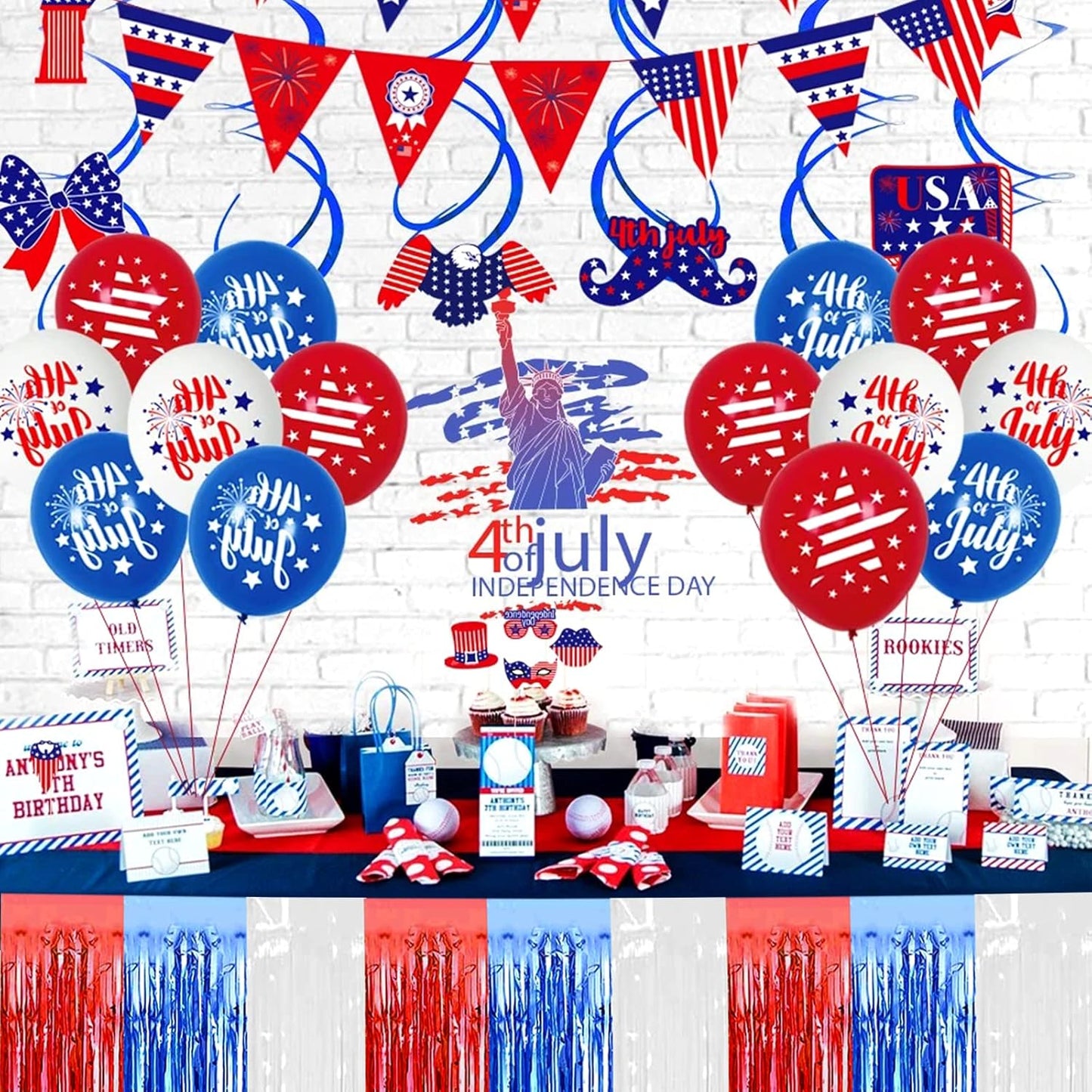 4 Pack 29x108 Inch Metallic Foil Fringe Tinsel Table Skirts for Rectangle Tables Streamer Backdrop for Wedding, Birthday, Parade Floats, Christmas, Halloween Party Decoration(White Blue Red)