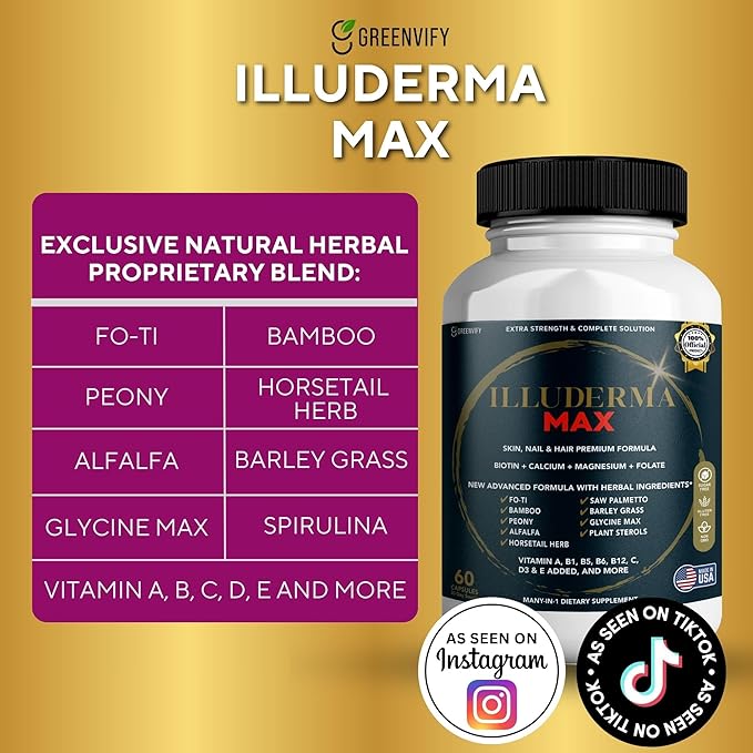 Illuderma Max Hair, Skin and Nail Supplement, 60 Capsules, with Biotin 5000mcg, Vitamins and Herbal Blend (1)