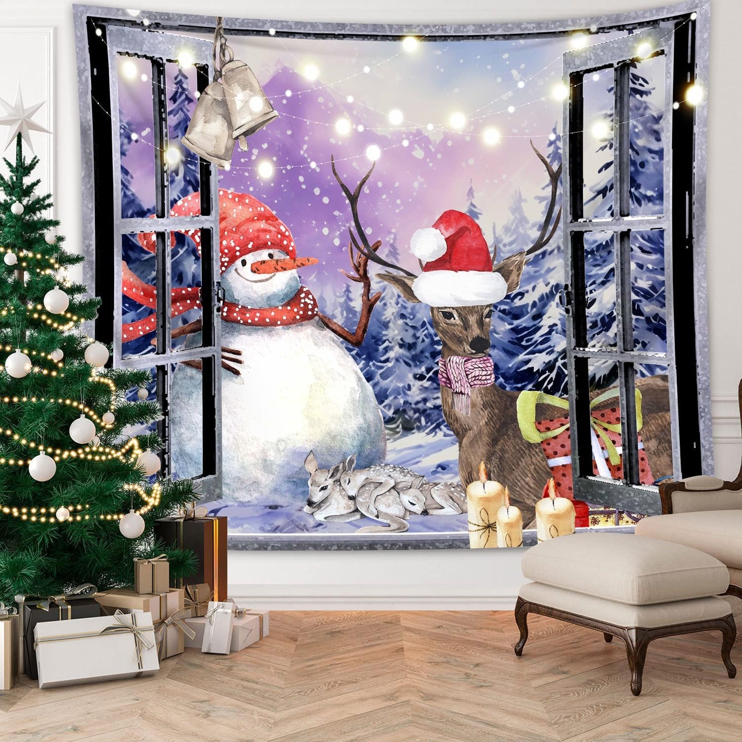 QGHOT Christmas Window Tapestry Wall Hanging Christmas Backdrop Winter Window Wall Decor Xmas Snowman Deer Tapestries for Bedroom Living Room Dorm Holiday Party Decoration, Large