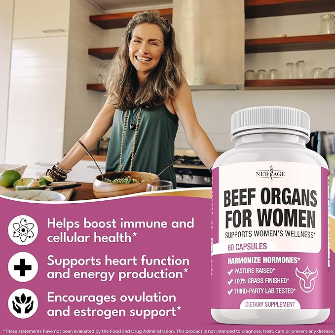 NEW AGE Beef Organ Supplement for Women - Beef Liver, Kidney, Heart and Uterus Tissue, Supports Women's Overall Energy and Health - Pasture Raised, Grass Fed - No Fillers - 180 Capsules