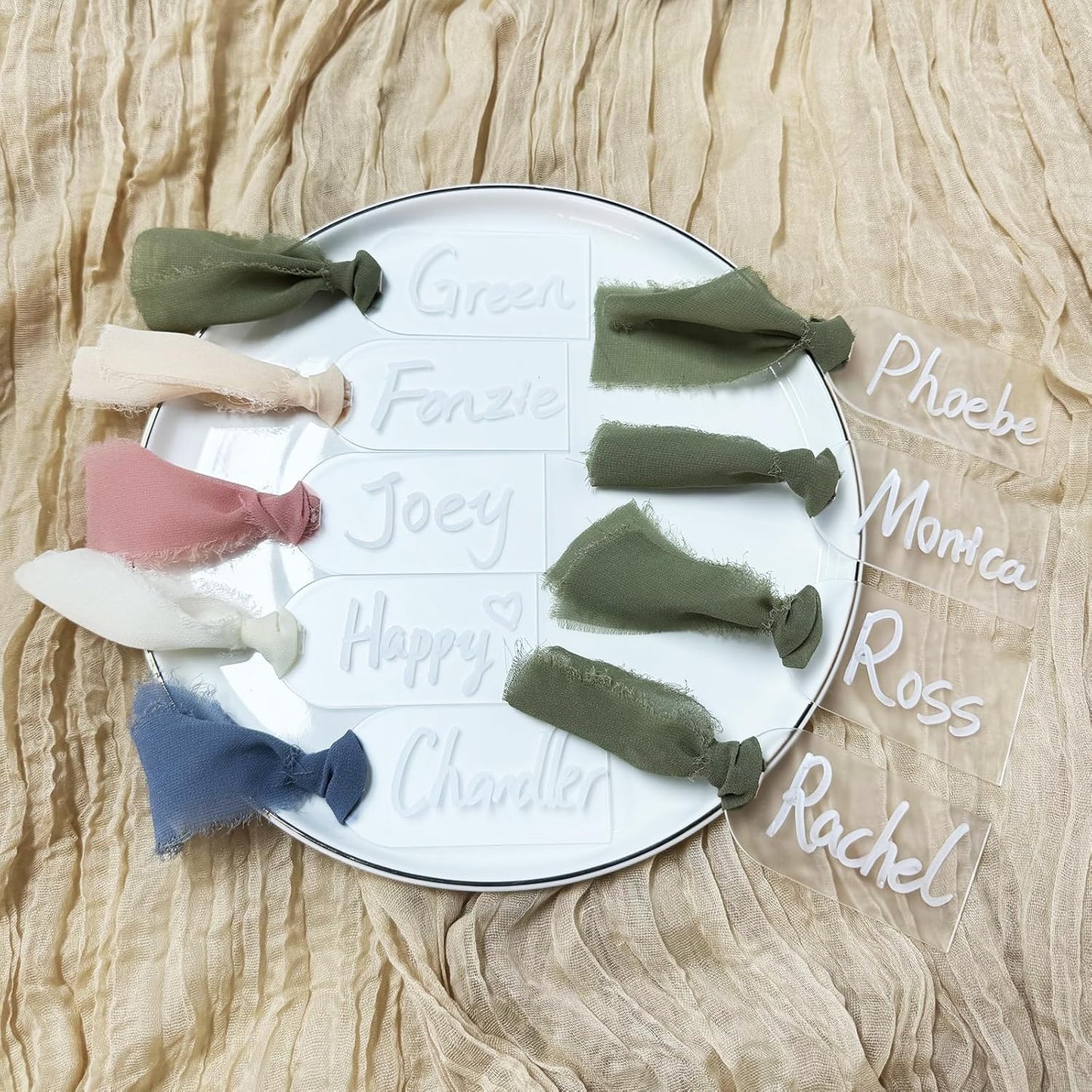 50Pcs Acrylic Place Card for Wedding Frosting Acrylic DIY Table Seating Cards Wedding Supplies with Green Ribbon