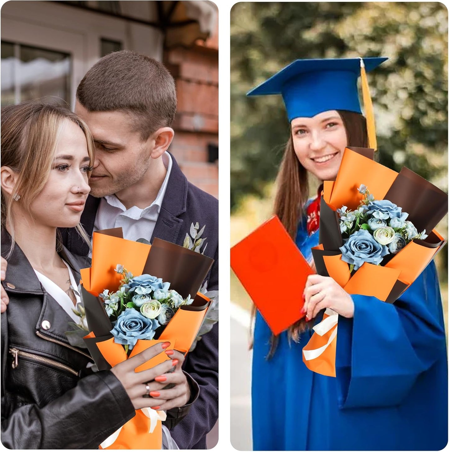 BEISHIDA 20Pcs Orange and Brown Double Sided Floral Wrapping Paper Matte Waterproof Flower Bouquet Wrapping Paper for Floral Wrap Florist Packing Supplies Birthday Valentine's Christmas Gift Wrapping