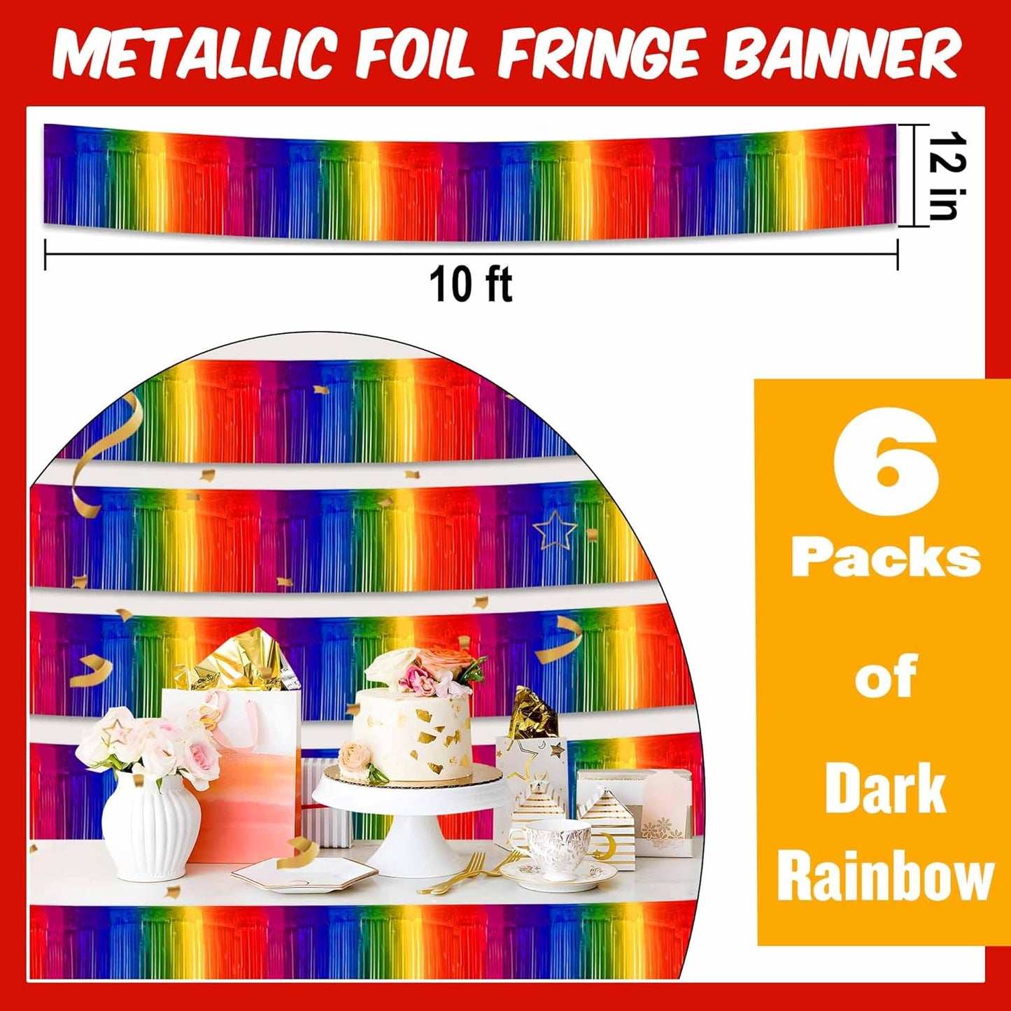 6 Pack 10 Ft Dark Rainbow Foil Fringe Garland Metallic Streamers Tinsel Banner Wall Hanging Garland Backdrop for Parade Floats, Halloween, Christmas, Thanksgiving, New Year Party Decorations