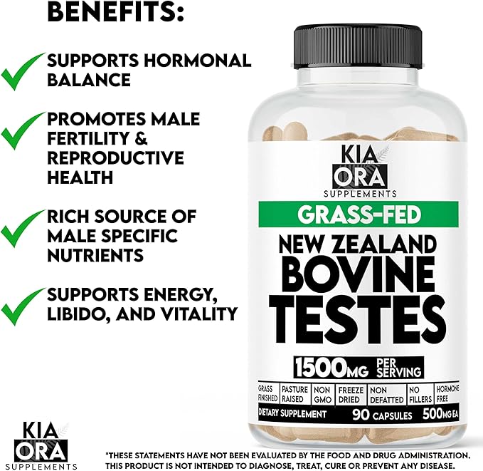 Grass-Fed Bovine 100% Pure Testes Supplement | New Zealand Sourced for Vitality, Hormonal Health & Male Wellness | Pasture Raised, Freeze Dried, Non-GMO, Pure, Raw, Clean. 90ct