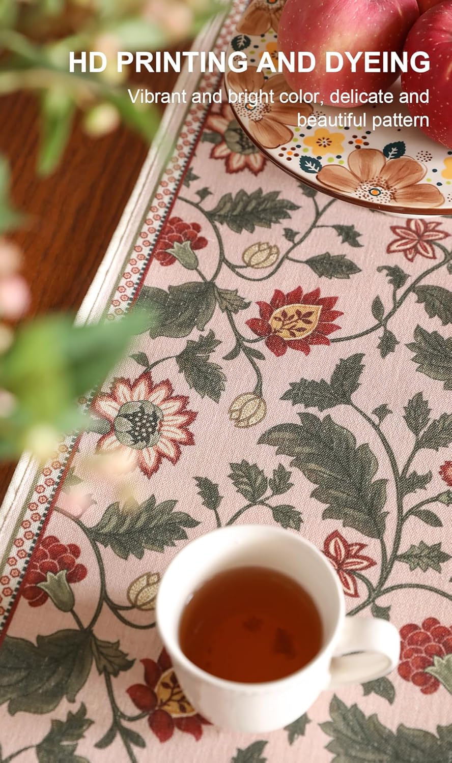 ISAENNE Designer Provence Elegant Linen Table Runner 87 Inches Long,Flower and Leaves Pattern Durable Table Runners for Dining Tables,Thanksgiving,Kitchen Tables,Christmas,12"*87"-Ratina