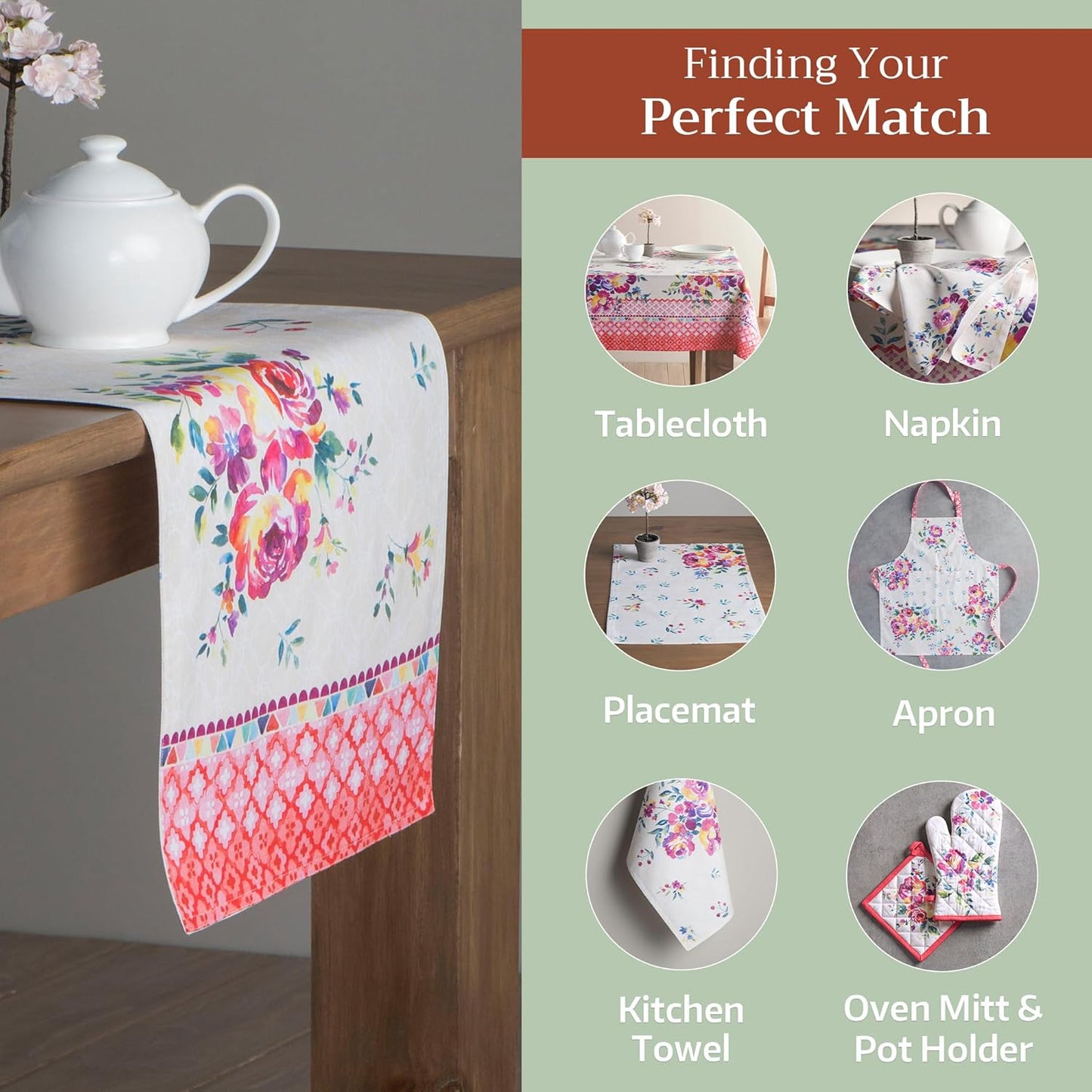 Maison d' Hermine Table Runner 100% Cotton Single Layer Table Runners 72 inches Long Decorative for Kitchen Dining Party Baby Shower Wedding Bridal Shower Spring Summer (Rose Garden, 14.50" x 72")