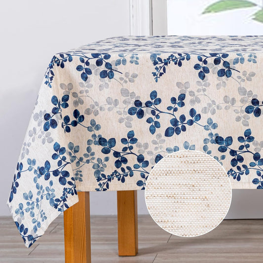 MYSKY HOME Floral Print Rectangle Tablecloth Waterproof Rectangular Table Cloth Linen Farmhouse Tablecloth for Kitchen Dining Spring Leaves Tablecloth for 8 Feet Table，60 x 120 Inches, Blue