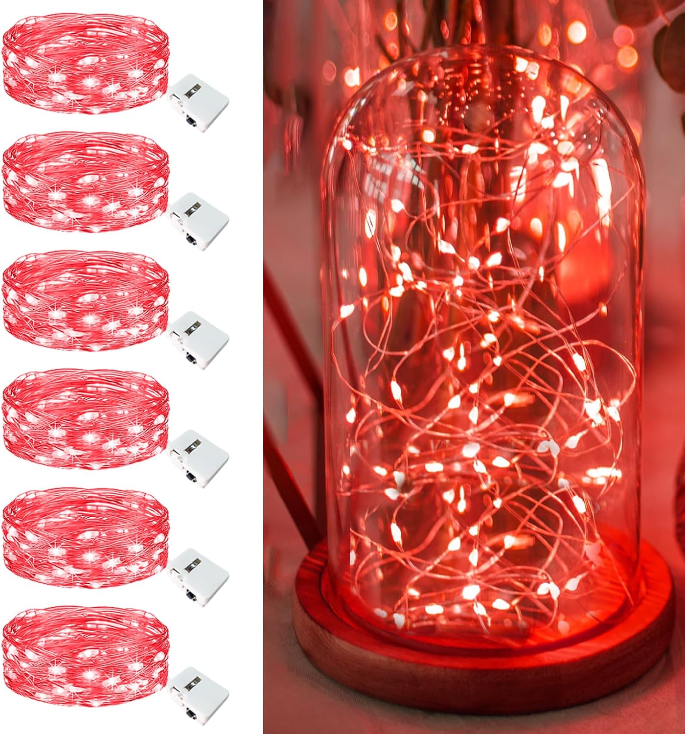 6 Pack Fairy Lights Battery Operated - 7ft 20 Led Twinkle Lights 3 Modes, Bulk Mini String Lights Waterproof for Mason Jars Vases DIY Party Wedding Decoration Christmas - Red