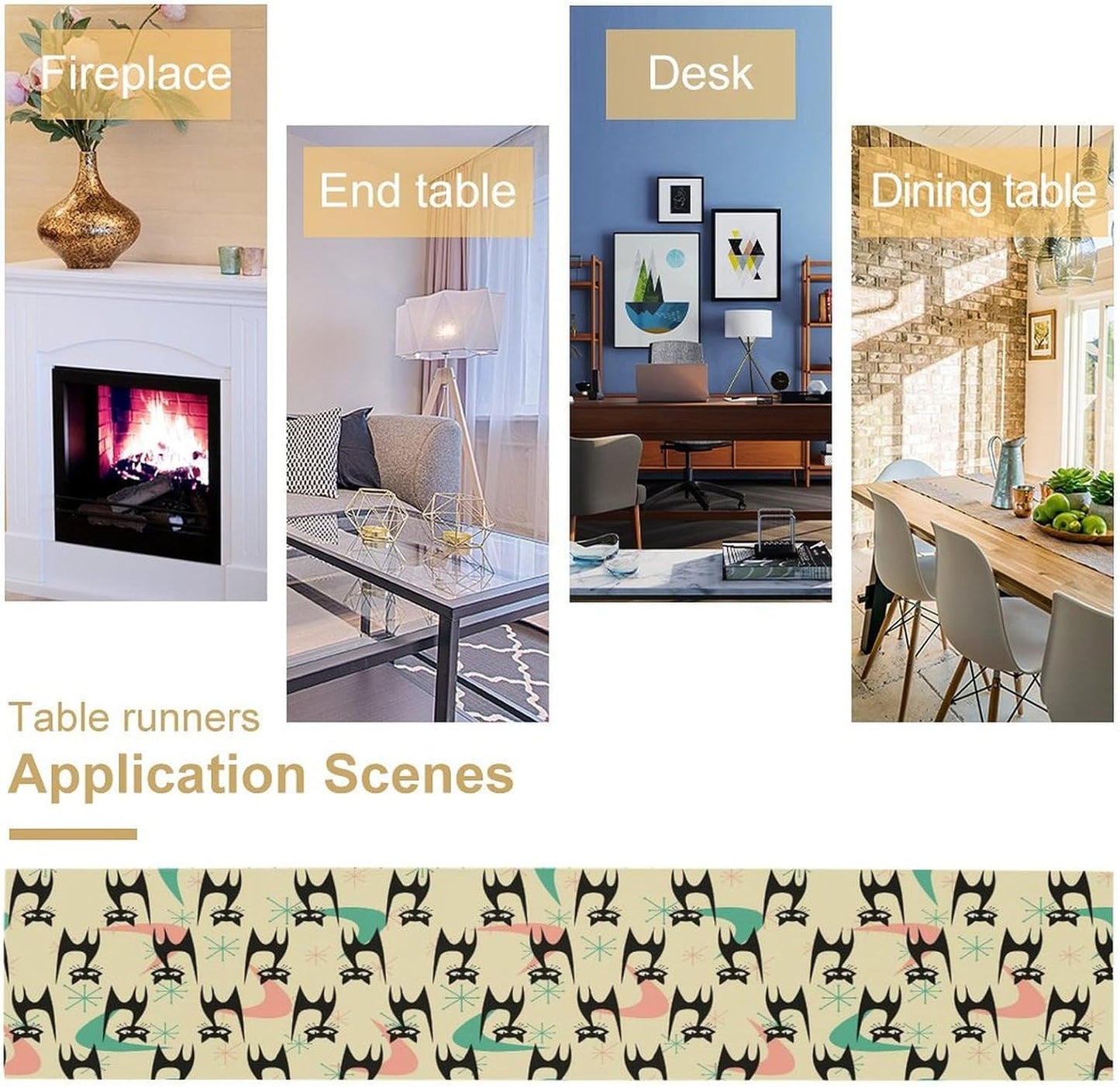 Mid Century Table Runner,Cat Geometric Stripe Colorful Abstract Pattern Print Tablecloth Burlap for Hotel Indoors Outdoor Dining Room Kitchen Holiday Party, 13x60in