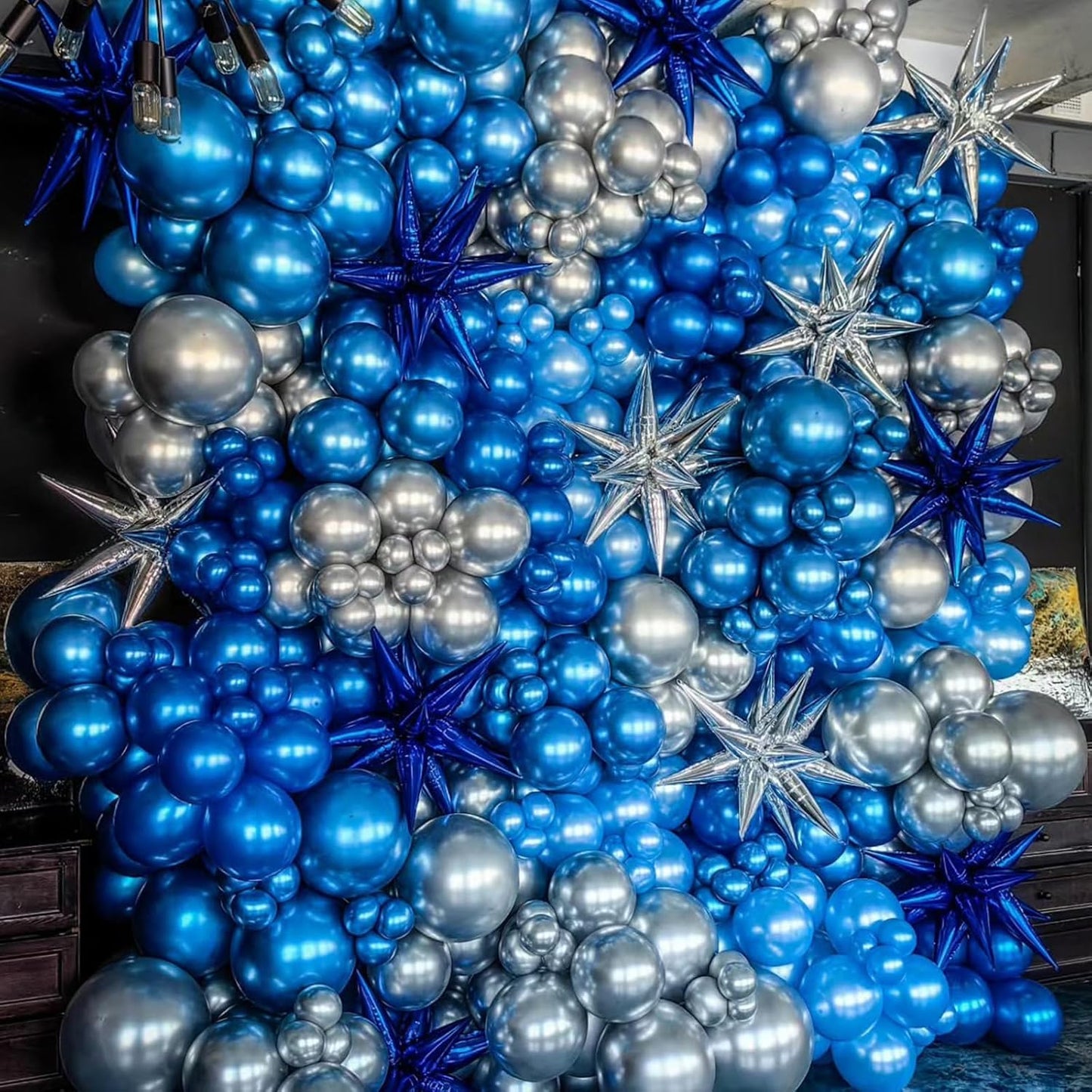 Black Blue Silver Star Balloons,9Pcs 22Inch Black Blue Silver Explosion Spike Cone Helium Polyester Film Star Foil Balloons for Birthday Anniversary Baby Shower Disco Party Decorations