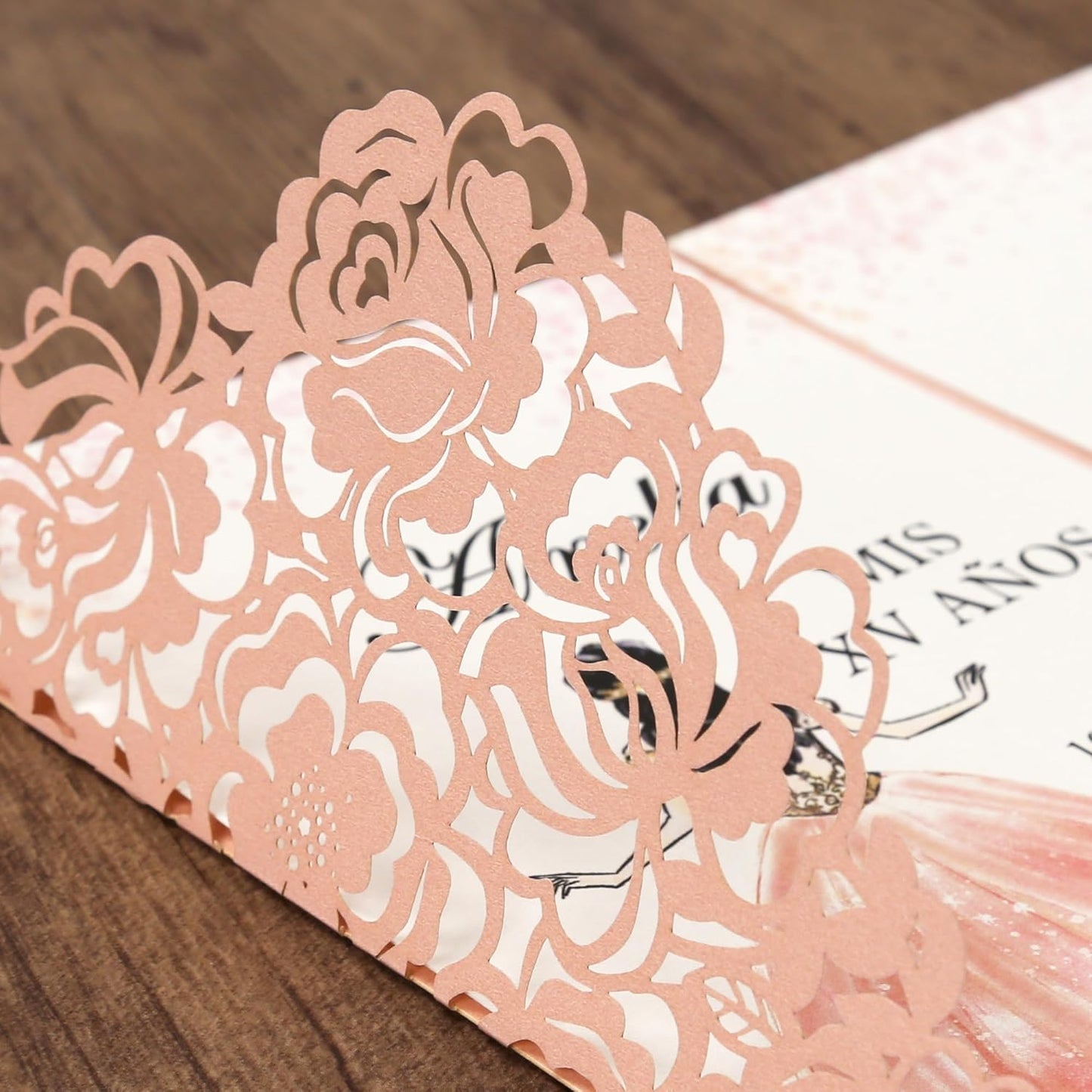 DORIS HOME 50pcs Laser Cut Quinceanera Invitation Pockets with Envelopes Pink, 5.12" x 7.12"Invitation Cards for BirthdayMiss 15, Sweet 16 (No Inserts Included)