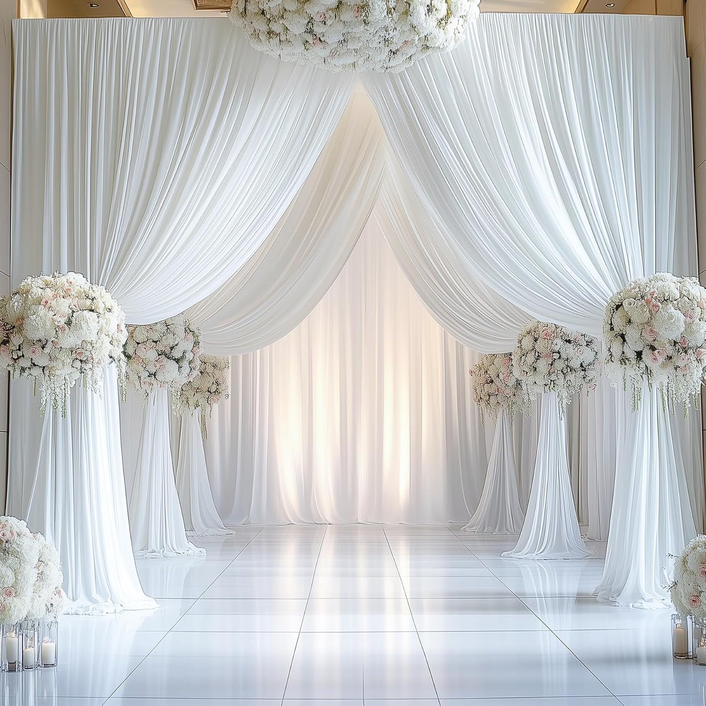 50ftx14FT Wrinkle Free White Backdrop Curtain, 10 Panels 14FT Height White Wedding Backdrop Drapes, Silky Polyester Back Drop Cloth for Birthday Photography Background Party Backdrop Draping