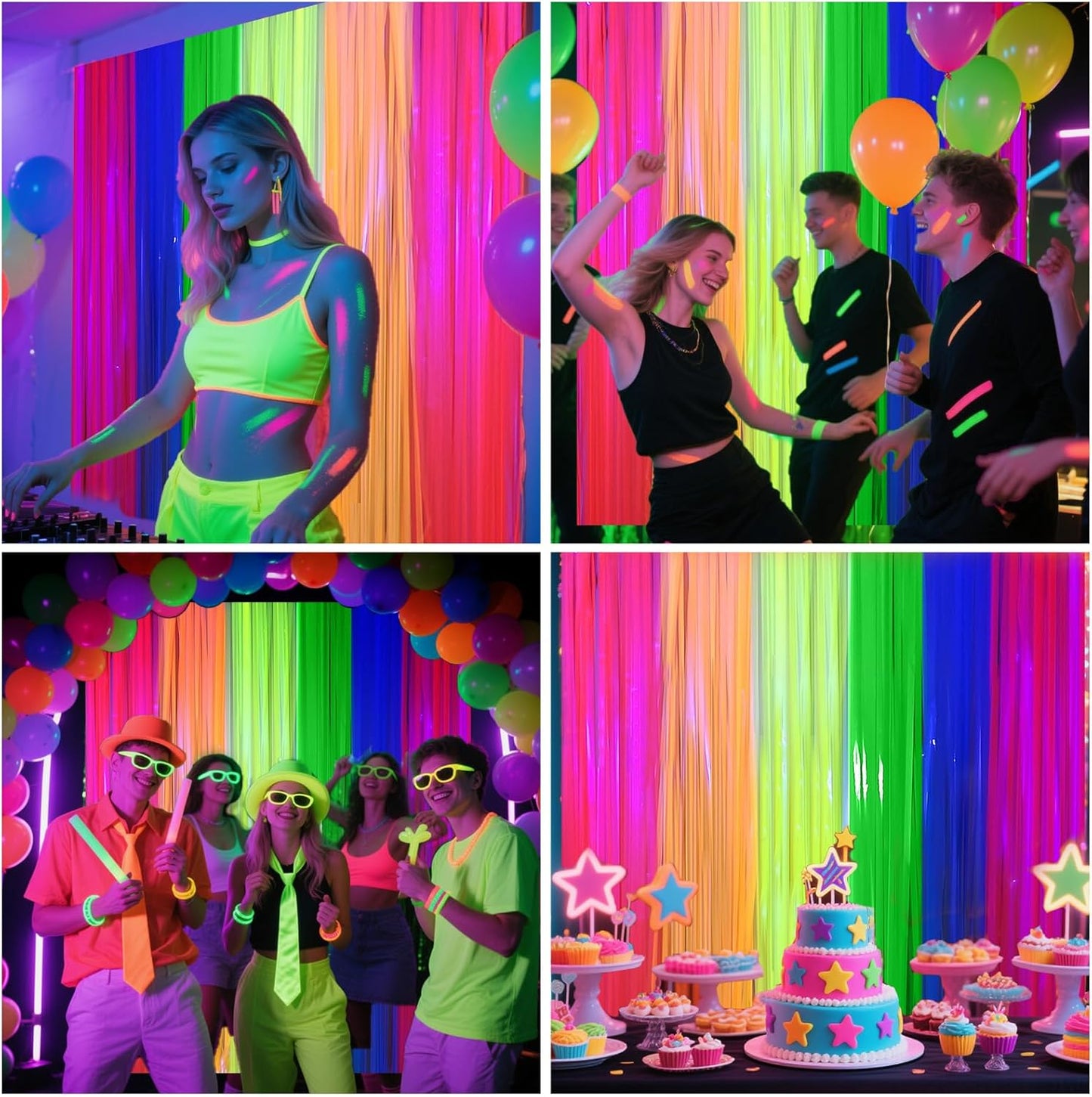 4 Packs Glow in the Dark Foil Fringe Curtain, Macaron Rainbow Blacklight Reactive Fluorescent Tinsel Backdrop Neon Luminous Streamers for Birthday, Wedding, Neon Party, Glow Party Decorations Supplies