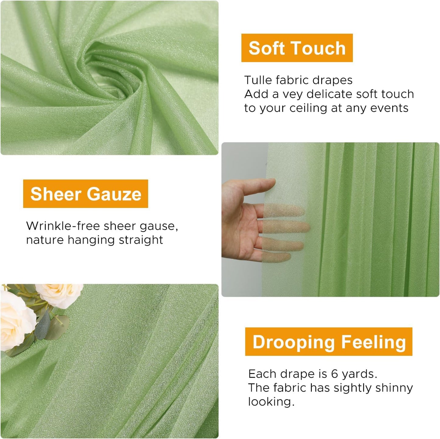 Wedding Arch Draping Fabric 4 Panels 28.7" x 20FT Sage Green Sheer Chiffon Backdrop Drapes for Wedding Ceremony Birthday Party Bridal Shower Outdoor Decoration