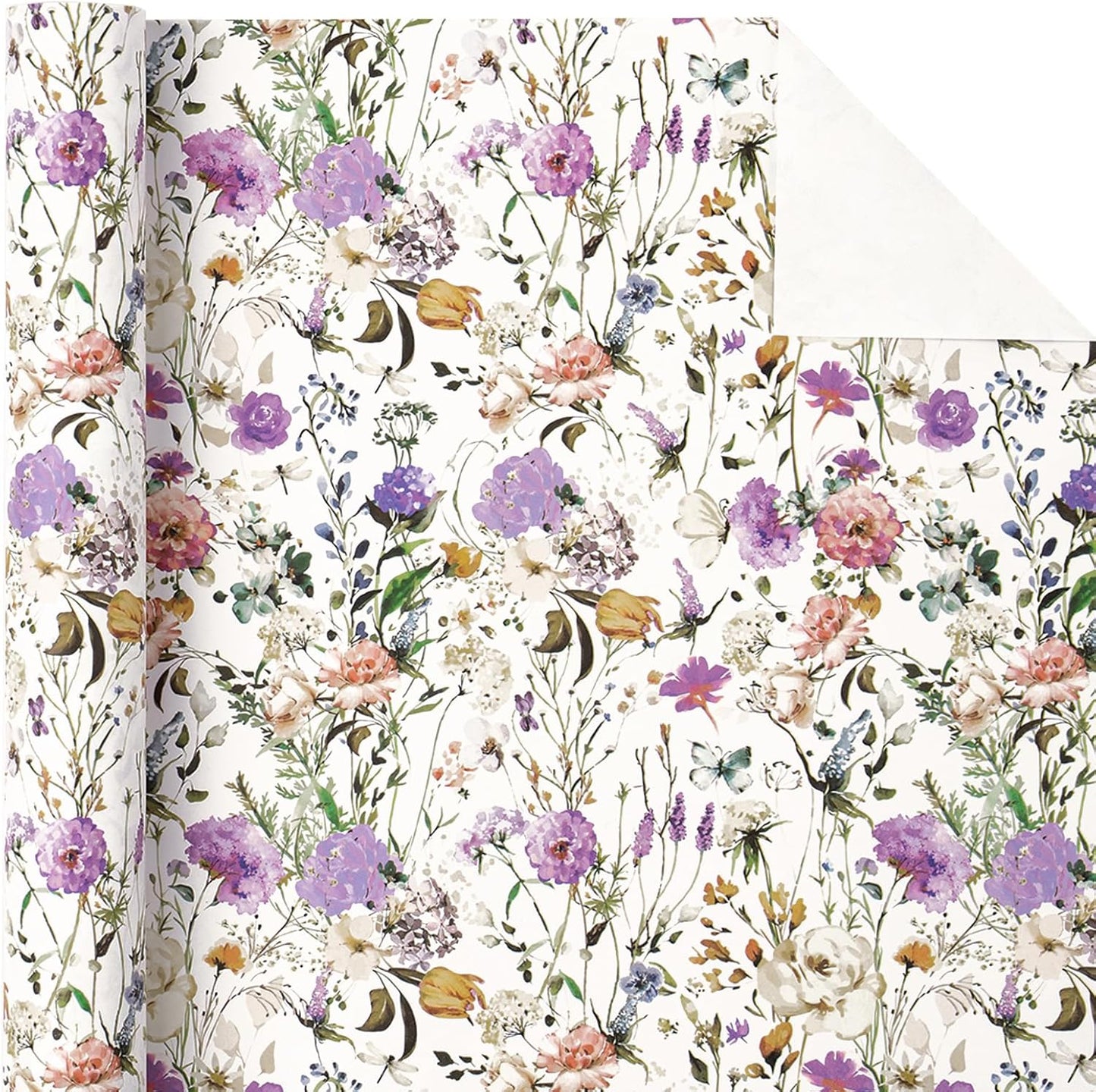 WRAPAHOLIC Kraft Floral Wrapping Paper Roll - Mini Roll - 17 Inch x 16.5 Feet - Garden Wildflower Wrapping Paper Perfect for Girls Women Birthday, Wedding, Bridal Shower