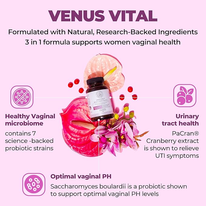 Happy Mammoth Venus Vital 3-in-1 Women’s Health Probiotic Formula Supports Vaginal, Urinary & Gut Health. Fast & Long-Lasting Relief from Vagina Odor, Itching, Burning, and Discomfort. 60 Caps.