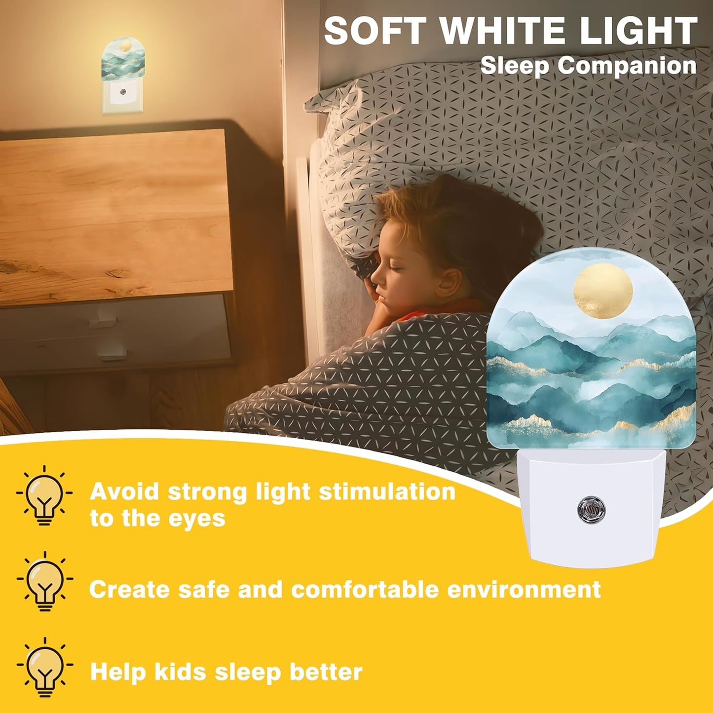 Night Lights Plug into Wall Abstract Mountains and Sun Night Light Dusk to Dawn Smart Sensor Decorative Round Led Lamp for Bedroom Kitchen Hallway Nightlight for Women Men