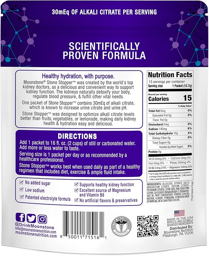 Moonstone Kidney Stone Stopper Drink Mix Tropical Flavor, Outperforms Chanca Piedra & Kidney Support Supplements, Developed by Urologists to Prevent Kidney Stones and Improve Hydration, 15 Day Supply