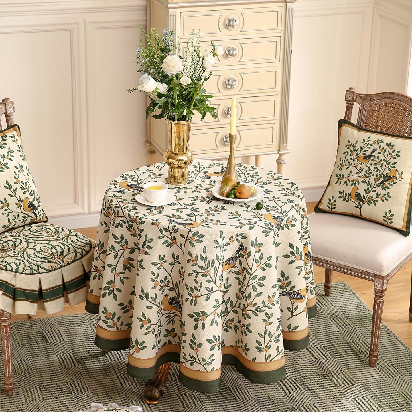 patdrea Designer Vintage Linen Round Table Cloth,Durable Breathable Cover Fall Dacorative Tablecloth,Decor Table Cover for Kitchen Dining,Holiday Christmas,Thanksgiving,Diameter 67"-Warbler