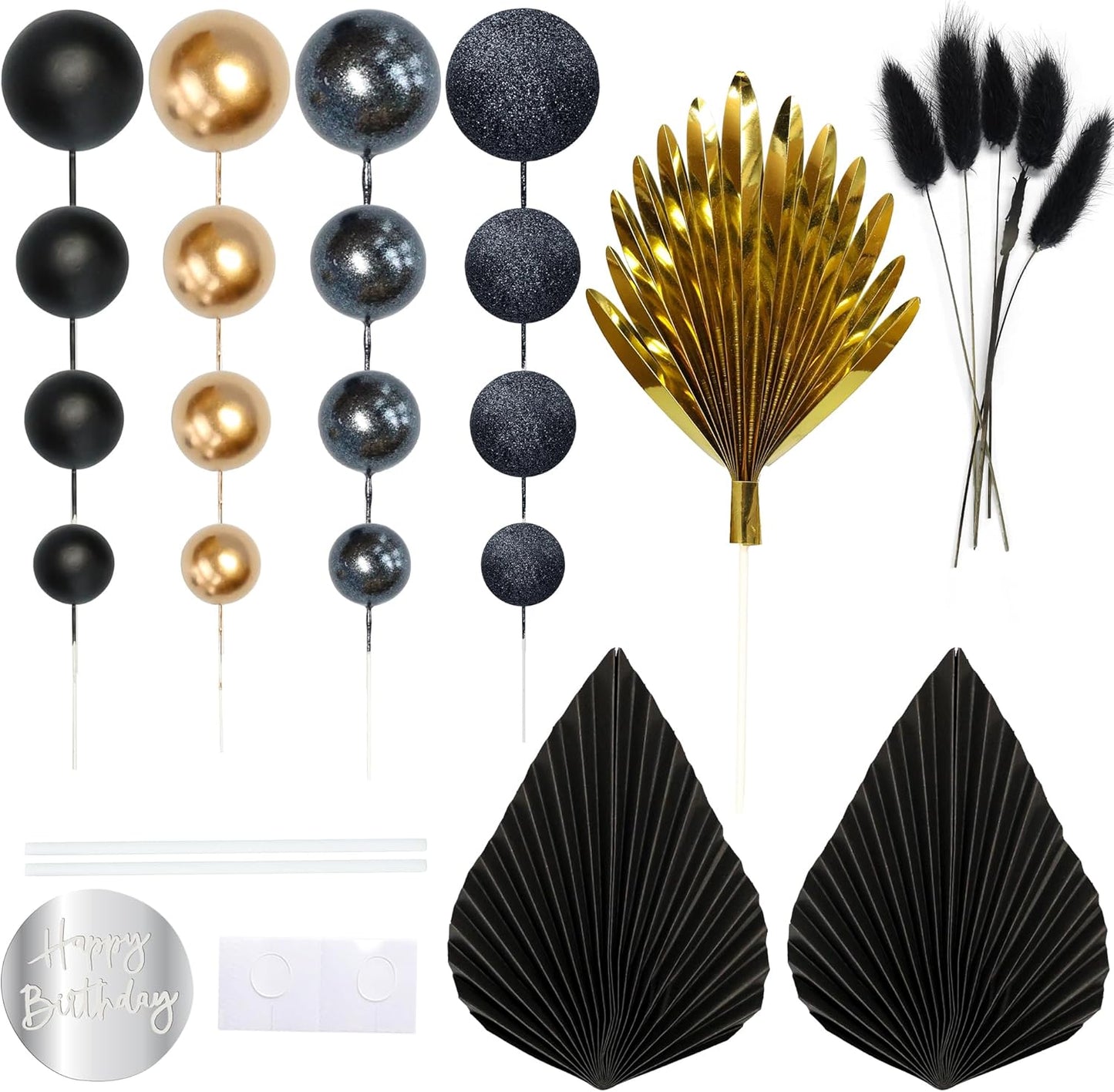 Ephlyn 33 Pack Balls Cake Toppers Boho Palm Leaves Cake Decorations Round Acrylic Happy Birthday Cupcake Toppers for Birthday Wedding Baby Shower Party Supplies Black Gold